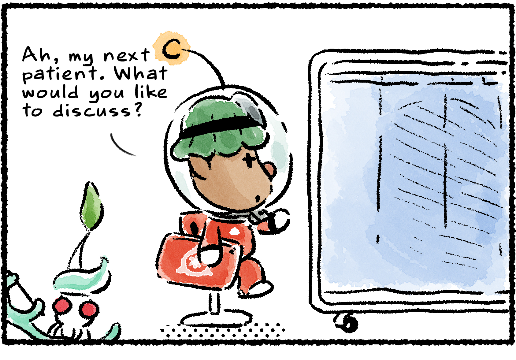 Panel one. Yonny sits in his doctor's chair, tablet in hand, talking to an unseen patient behind a curtain. "Ah, my next patient," he says. "What would you like to discuss?"