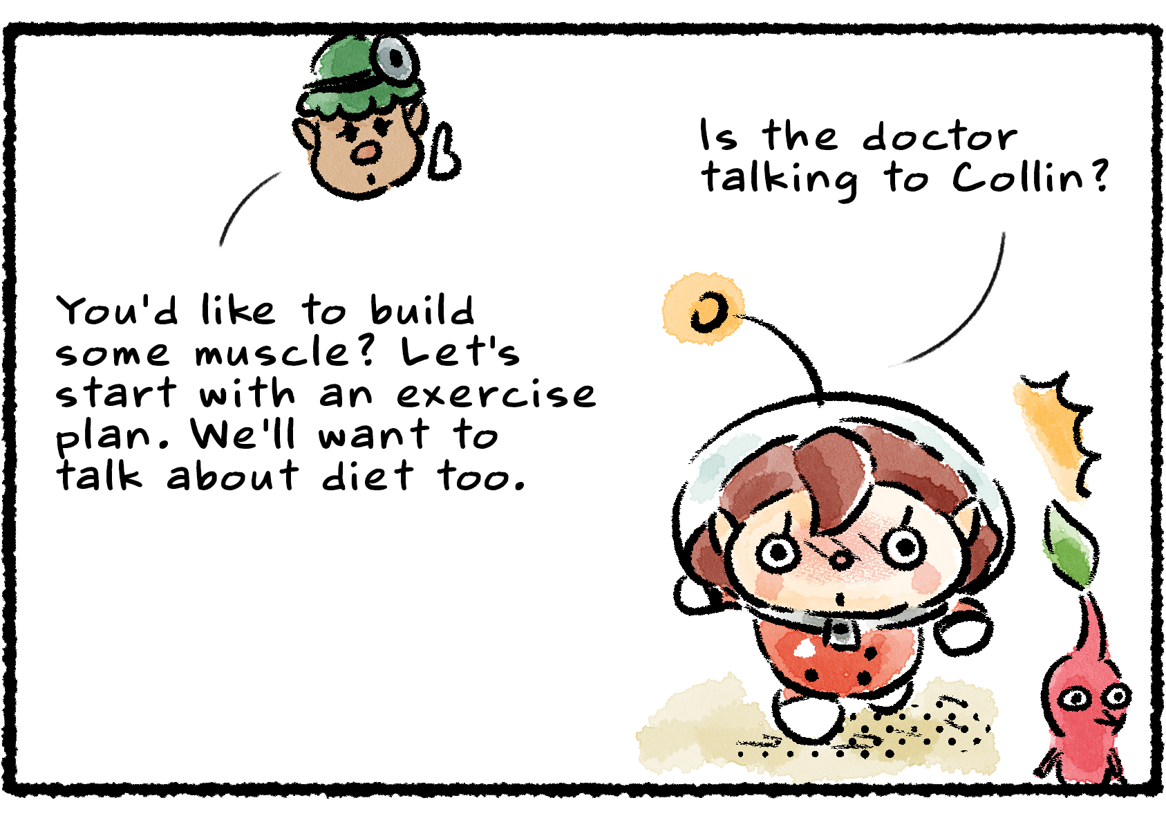 Panel two. "You'd like to build some muscle?" Yonny says. "Let's start with an exercise plan. We'll want to talk about diet too." A passing Rescue Officer wonders, "Is the doctor talking to Collin?"