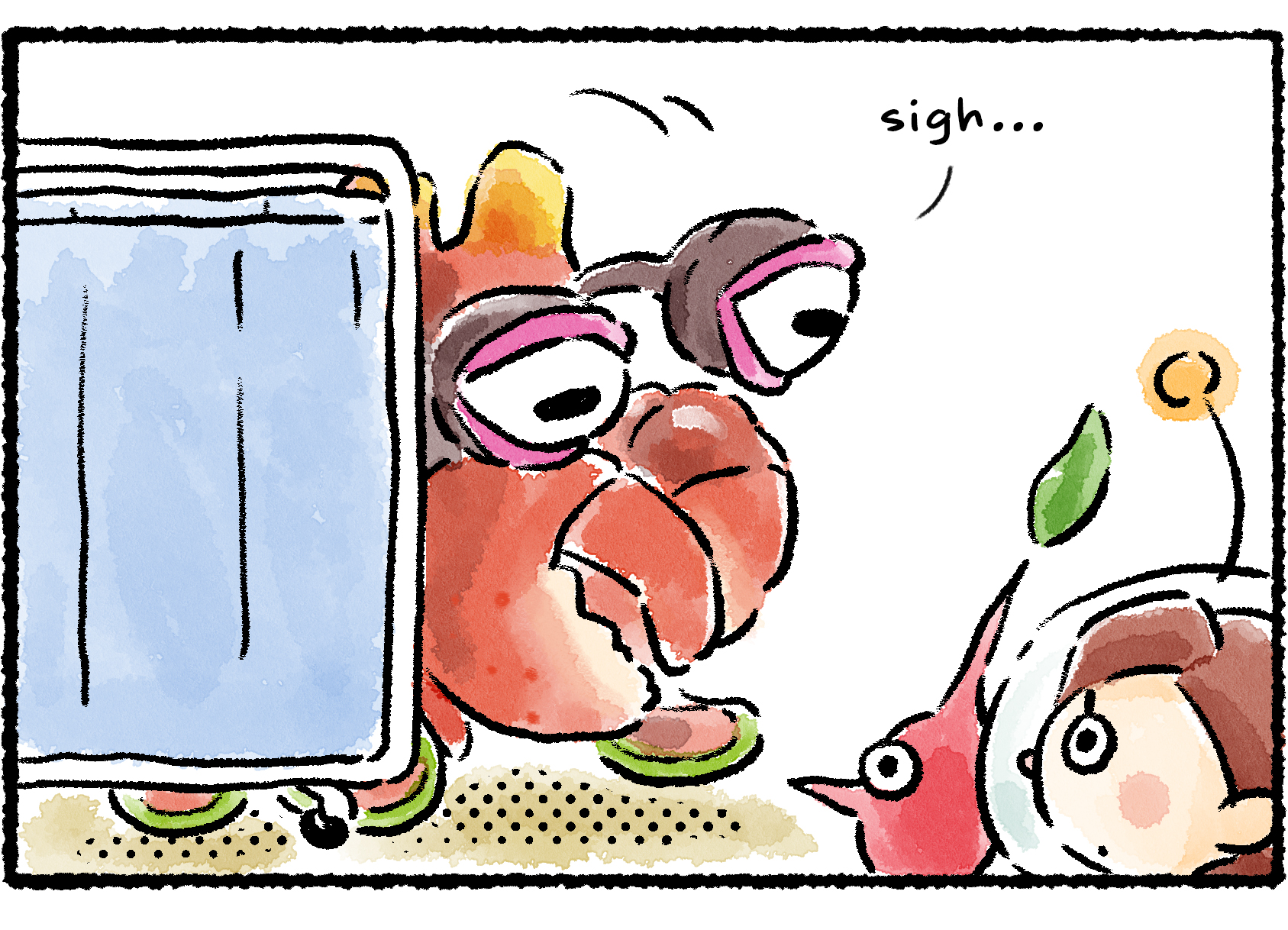 Panel three. With a sigh, a Bug-Eyed Crawmad comes shuffling out from behind the curtain. The Rescue Officer and a Red Pikmin stare at it in mute surprise.