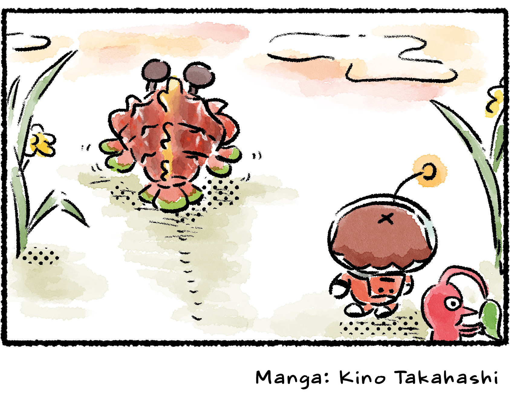 Panel four. The Rescue Officer watches the Bug-Eyed Crawmad shuffle off into the horizon.