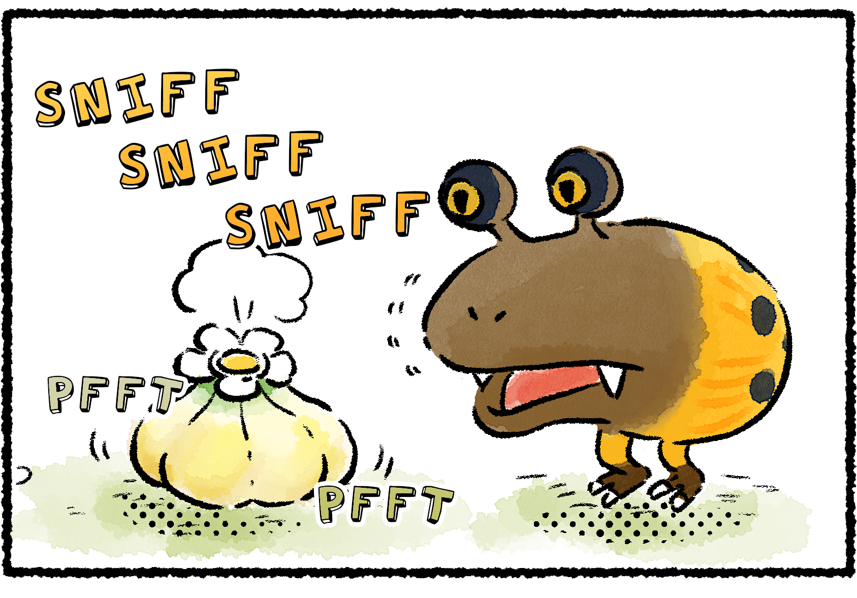Panel one. An Orange Bulborb comes upon a bulb of flarlic, sniffing at it curiously.