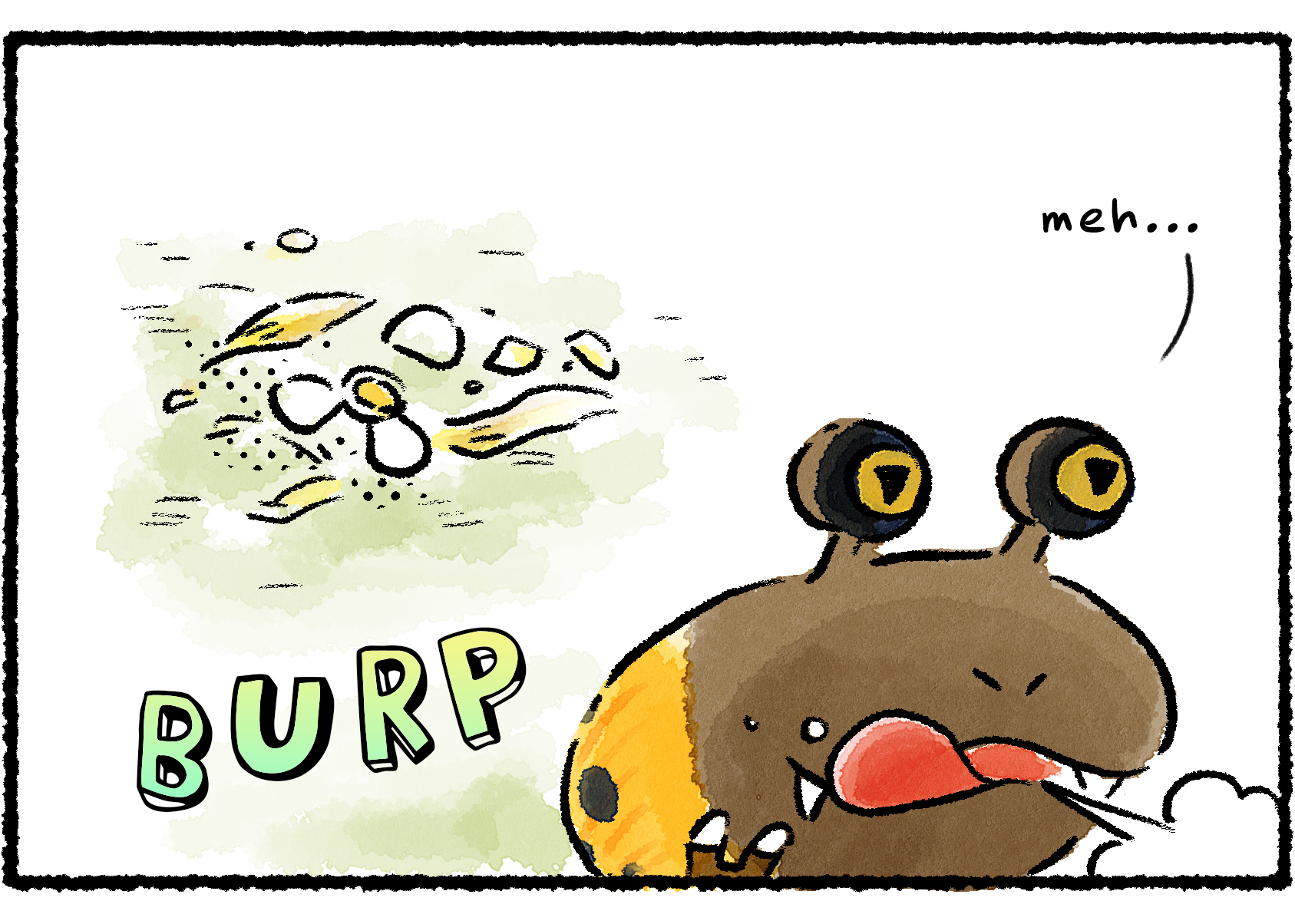 Panel two. The Orange Bulborb gobbles up the flarlic, leaving only petals and a bit of the outer skin behind. It walks away satisfied, licking its chops.