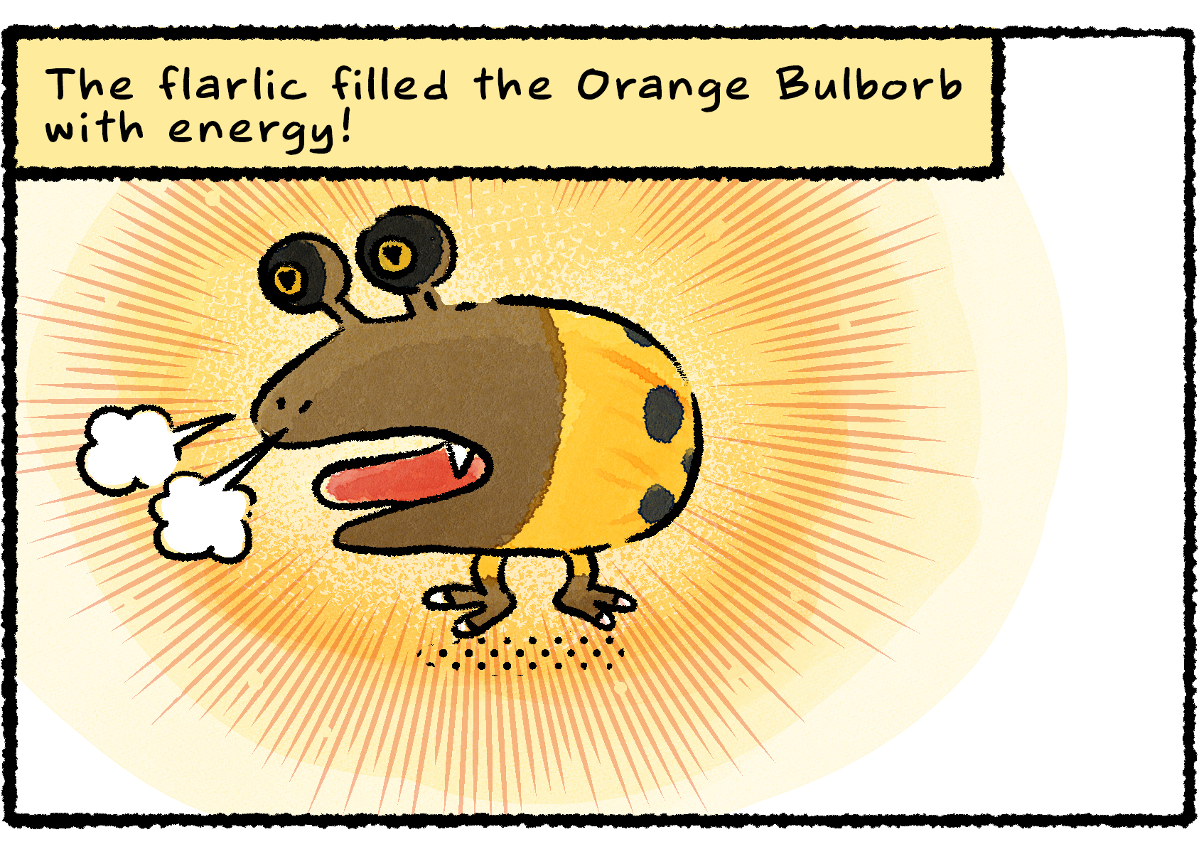 Panel three. The Orange Bulborb is surrounded by an aura of power, with puffs of air streaking out its nose. Narrator text reads: "The flarlic filled the Orange Bulborb with energy!"