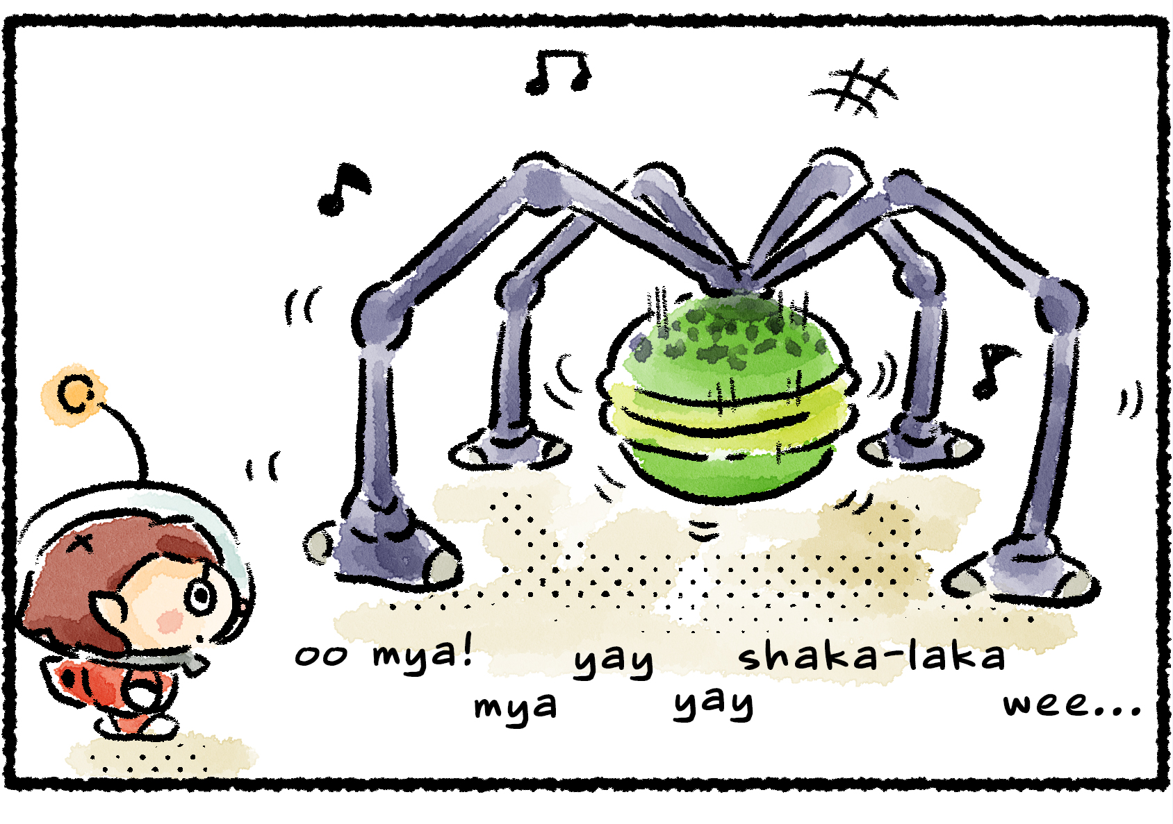 Panel one. A Rescue Officer comes upon a Baldy Long Legs that appears to be dancing. As it stomps around, sounds come out from inside it that sound suspiciously like Pikmin: "oo mya!"