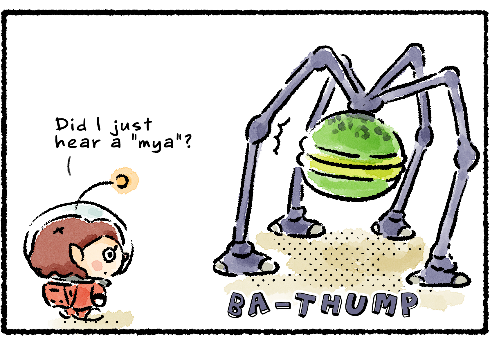 Panel two. "Did I just hear a 'mya'?" the Rescue Officer wonders. As the Baldy Long Legs starts to shuffle away, there is a thumping sound from inside it.