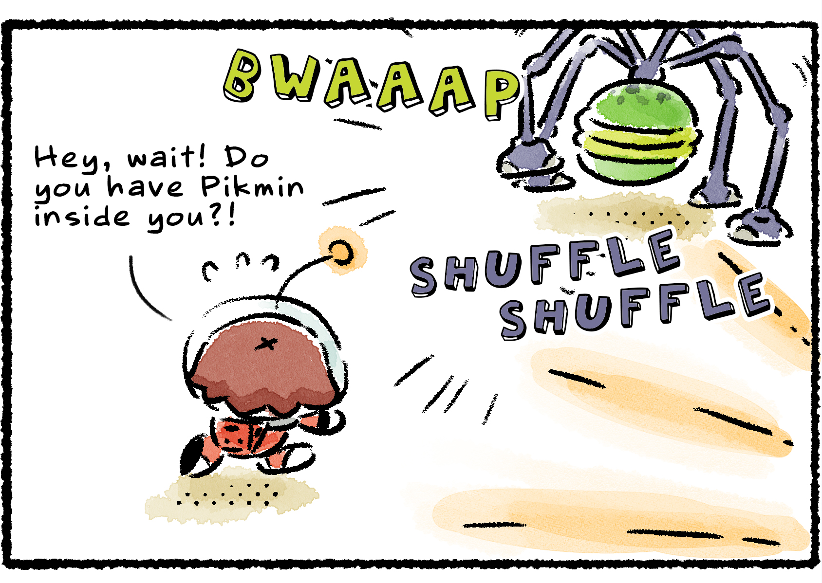 Panel three. "Hey, wait!" the Rescue Officer says, now chasing after the Baldy Long Legs. "Do you have Pikmin inside you?!"