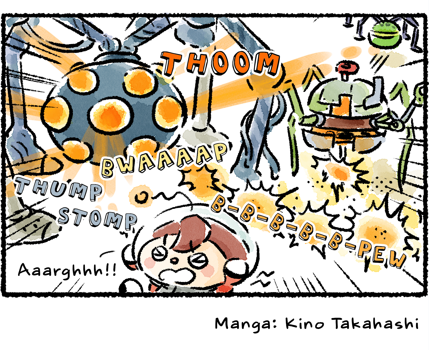 Panel four. A Groovy Long Legs and a Man-at-Legs show up. Their stomping and shooting cause such a terrible racket that the Rescue Officer covers her ears and runs away screaming.