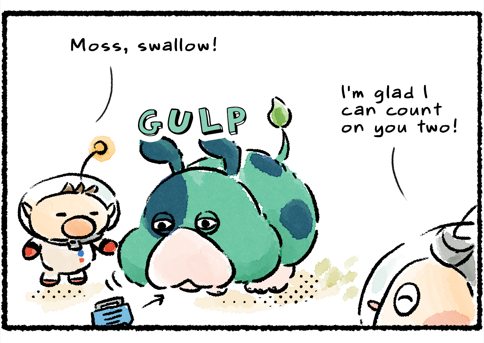 Panel two. Olimar points to the bag and says, "Moss, swallow!" As Moss moves to gulp the bag into her mouth, Collin says, "I'm glad I can count on you two!"