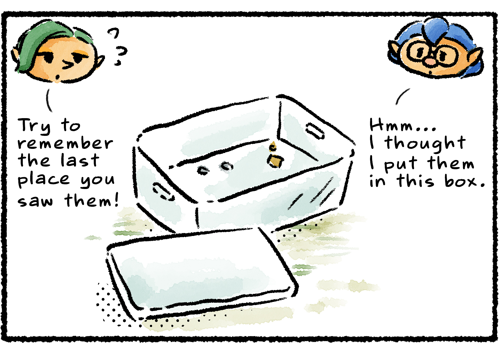 Panel two. "Try to remember the last place you saw it!" Sheeba says. An empty box, with the lid off, has only a few crumbs of what looks like dirt inside. "Hmm... I thought I put them in this box," Keesh says.