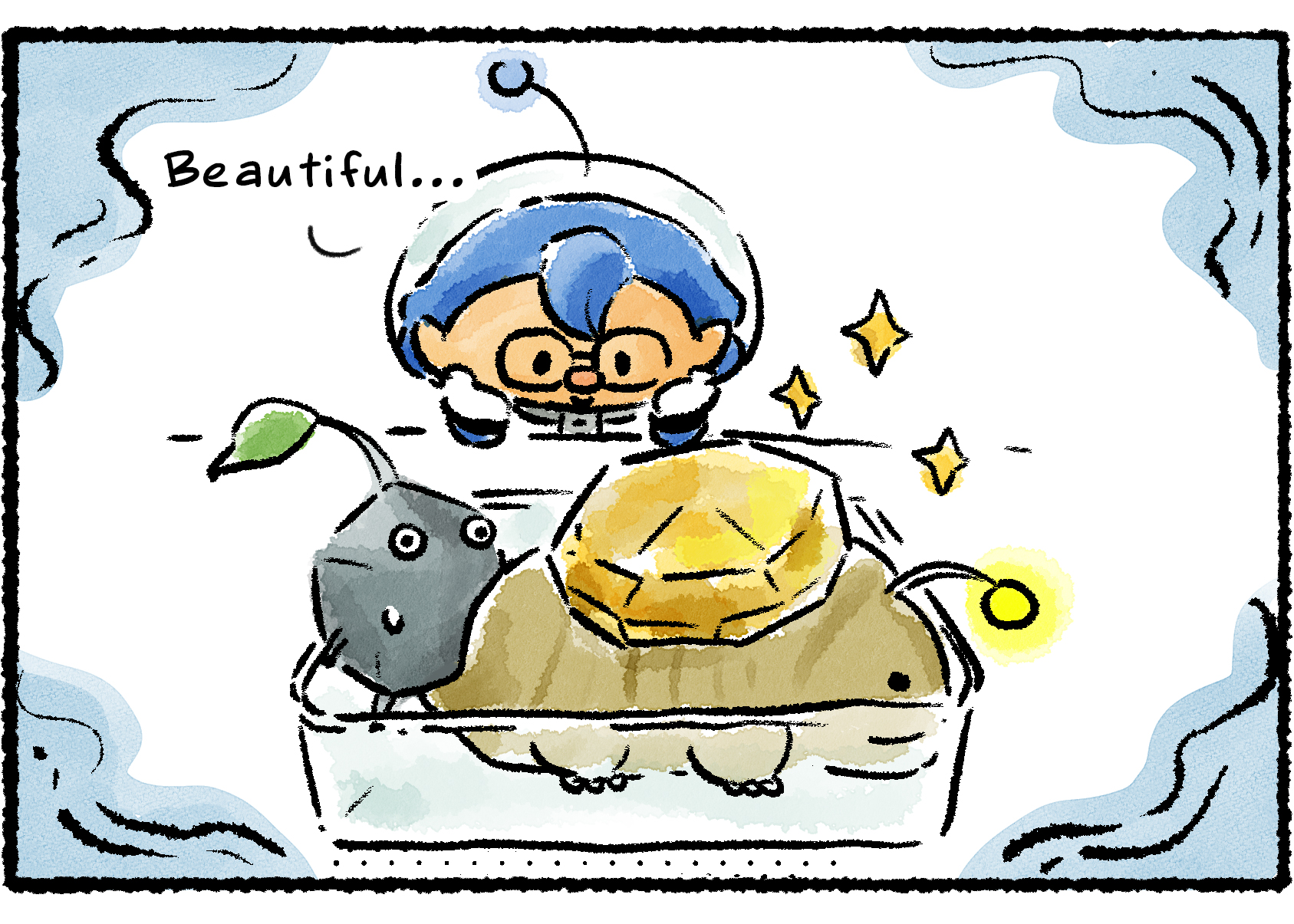 Panel three. Keesh remembers staring down at what was originally in the box: a Rock Pikmin and a Gildemandwee. "Beautiful..." she says, in the memory.
