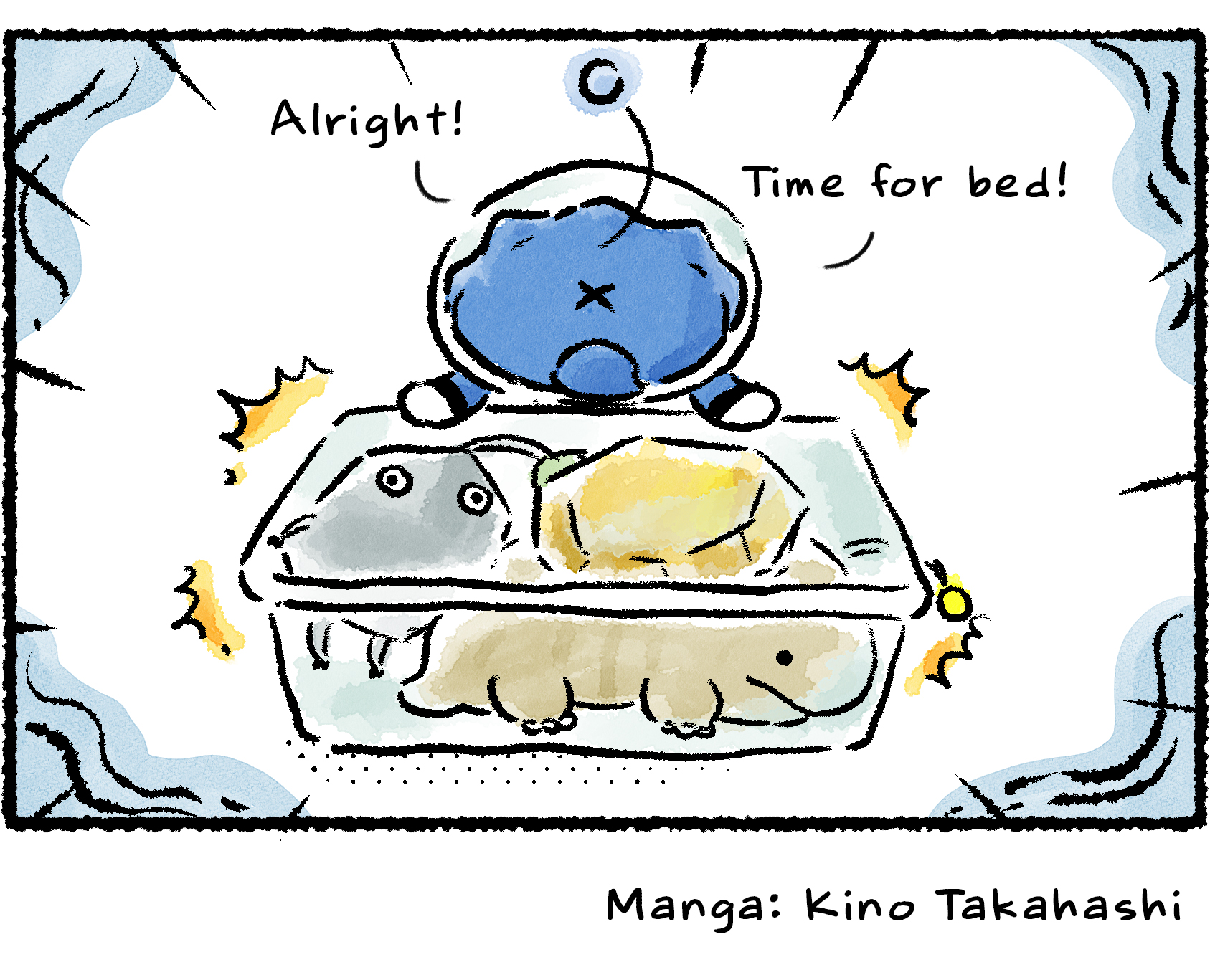 Panel four. "Alright!" Keesh says in the memory, placing the lid of the box down over the Rock Pikmin and Gildemandwee and trapping them inside together. "Time for bed!"