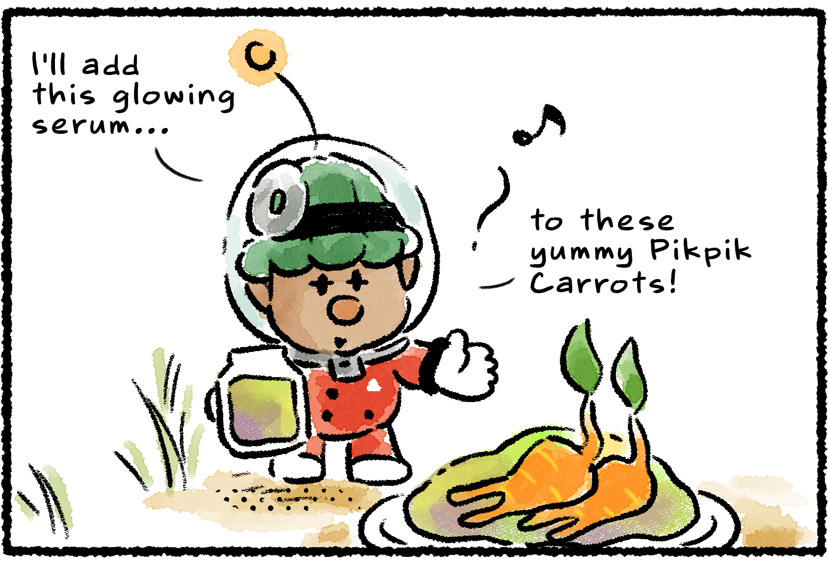 Panel one. Yonny stands beside some Pikpik Carrots, holding a jar of liquid. "I'll add this glowing serum…to these yummy Pikpik Carrots!" he says.