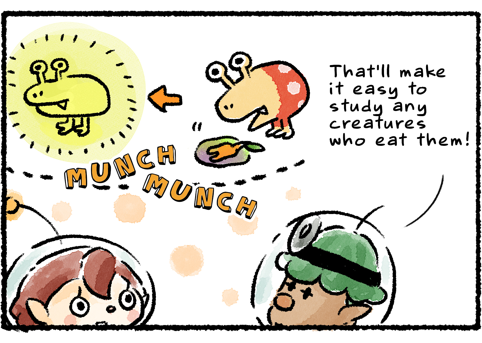 Panel two. In the background, a Bulborb munches on a Pikpik Carrot and then begins to glow with a bright yellow light. "That'll make it easy to study any creatures who eat them!" Yonny explains to a Rescue Officer.