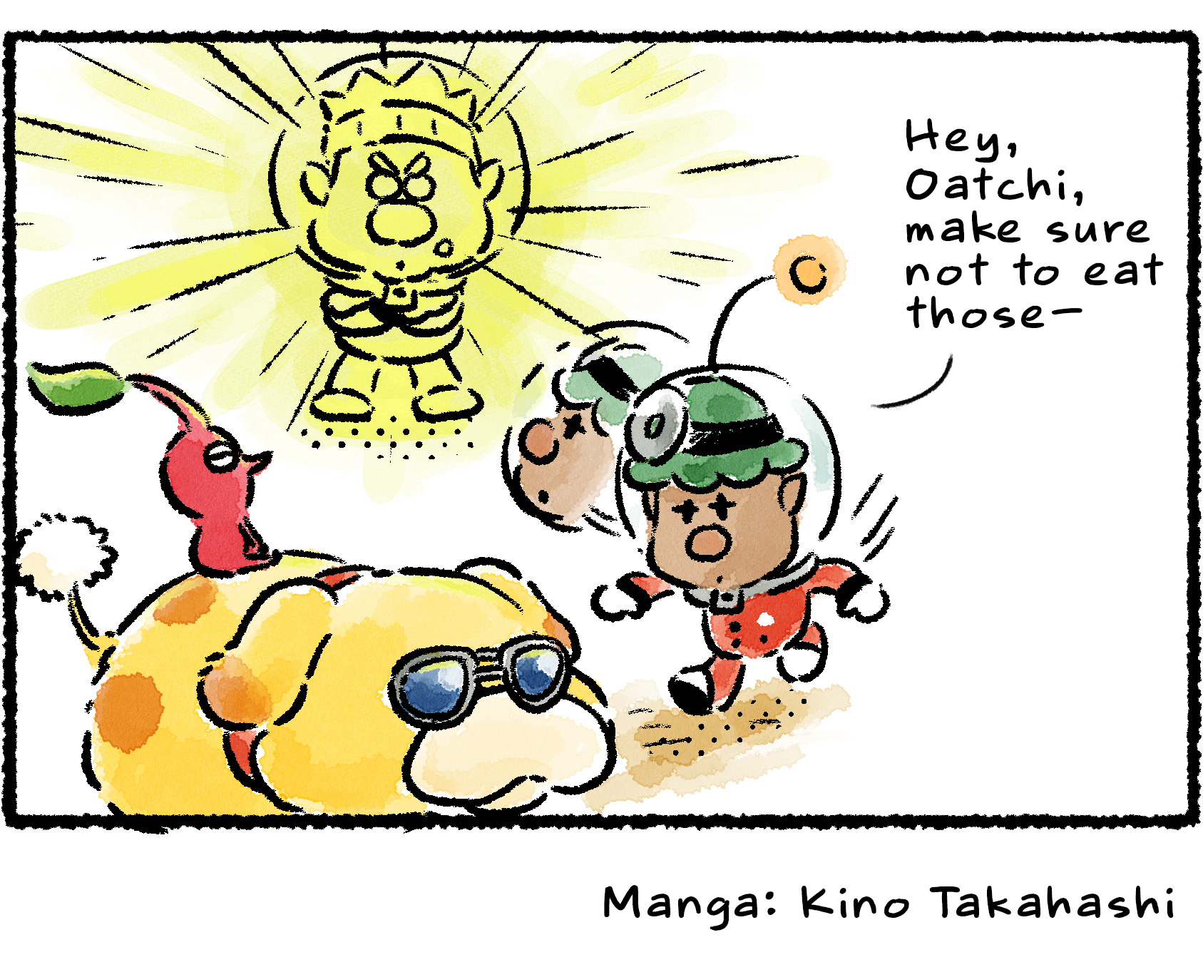 Panel four. "Hey, Oatchi," Yonny says, "make sure not to eat those—" but it wasn't Oatchi who got to the Pikpik Carrots, it was Dingo. As Dingo glows brightly, Oatchi stands nearby, with a Red Pikmin on his back, wearing sunglasses.
