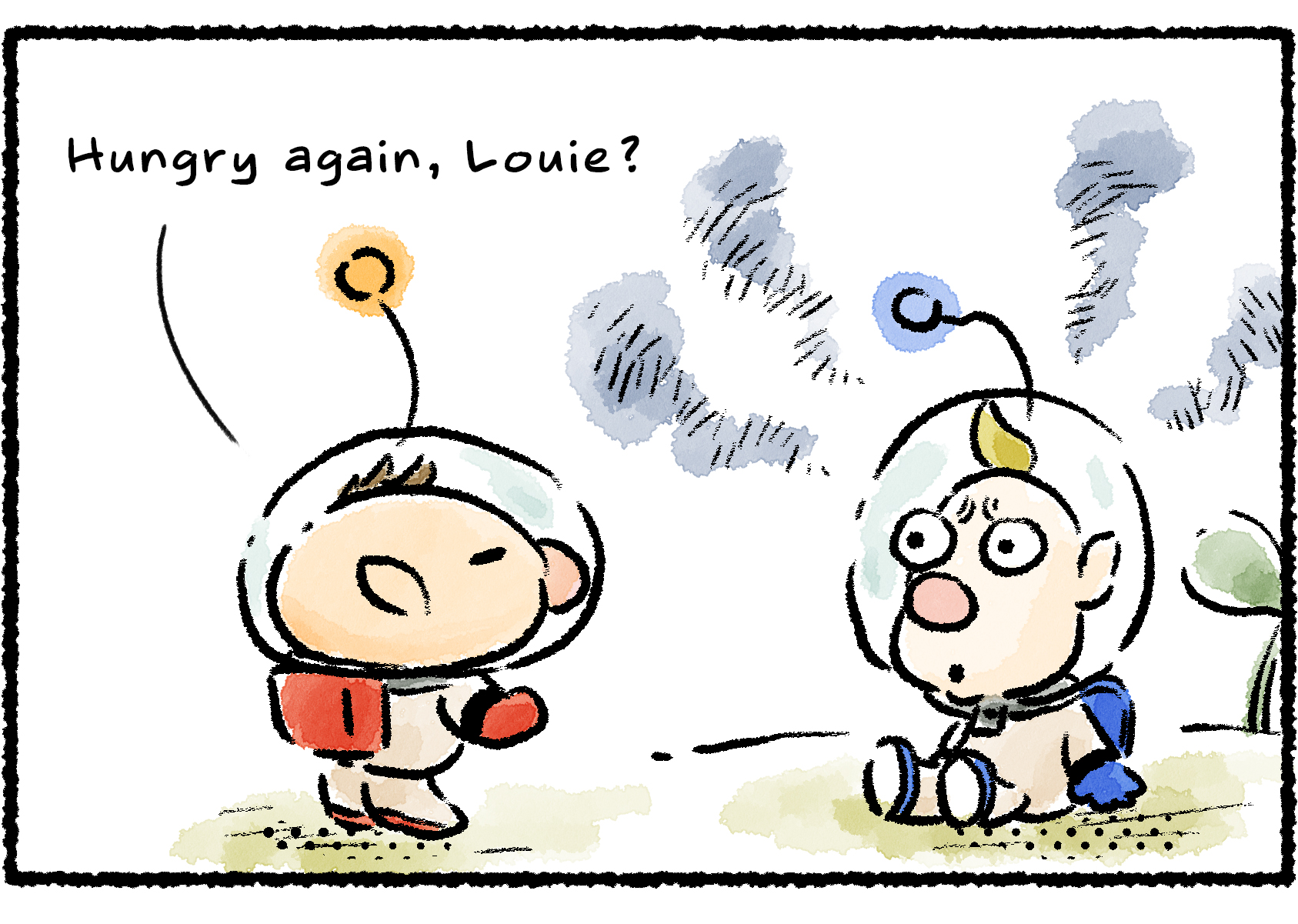 Panel one. Louie is sitting on the ground, looking distressed, when Olimar approaches. "Hungry again, Louie?" Olimar asks.
