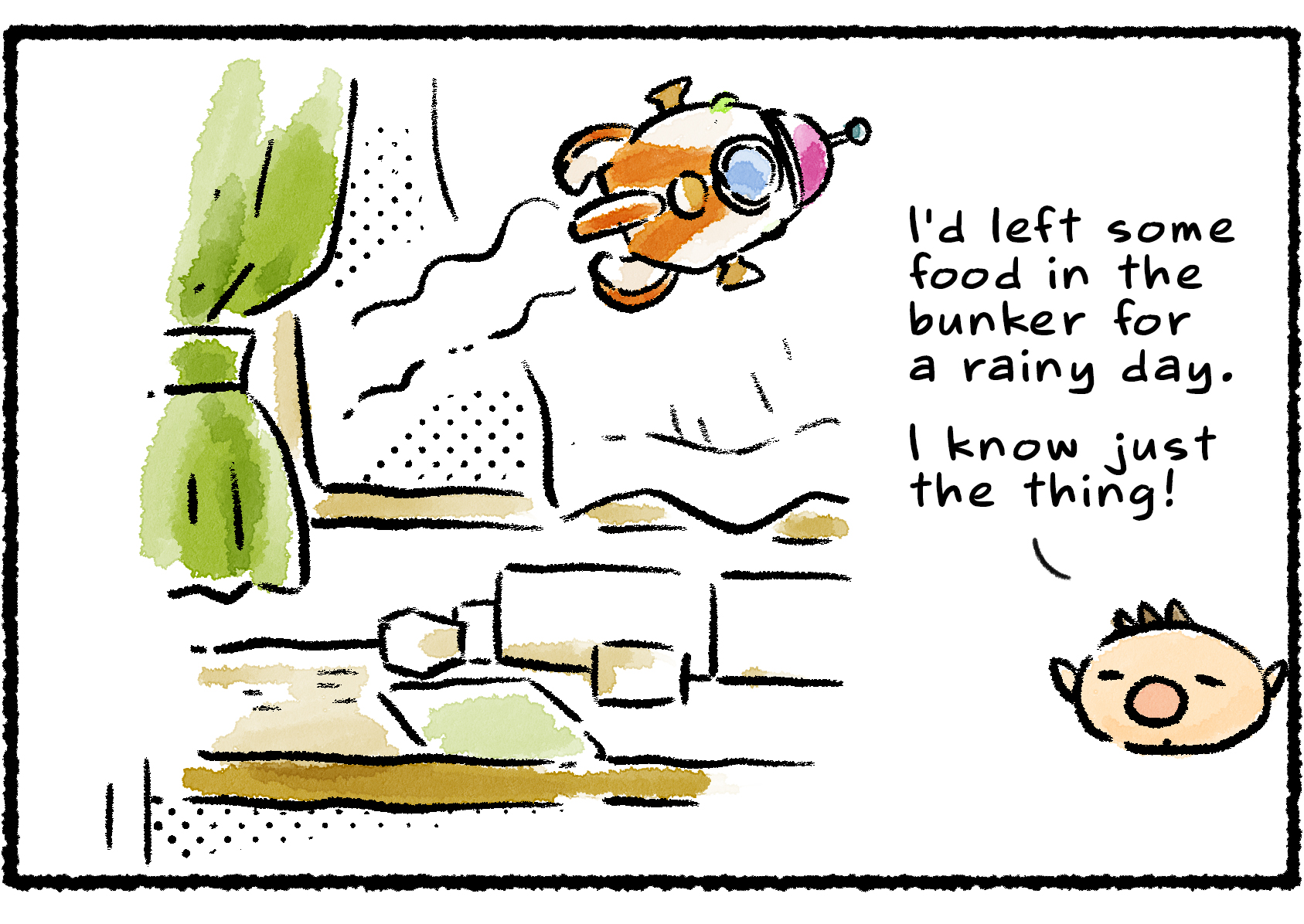 Panel two. Olimar's ship flies through a window and into the living room of a house. "I know just the thing!" Olimar says. "I'd left some food in the bunker for a rainy day."