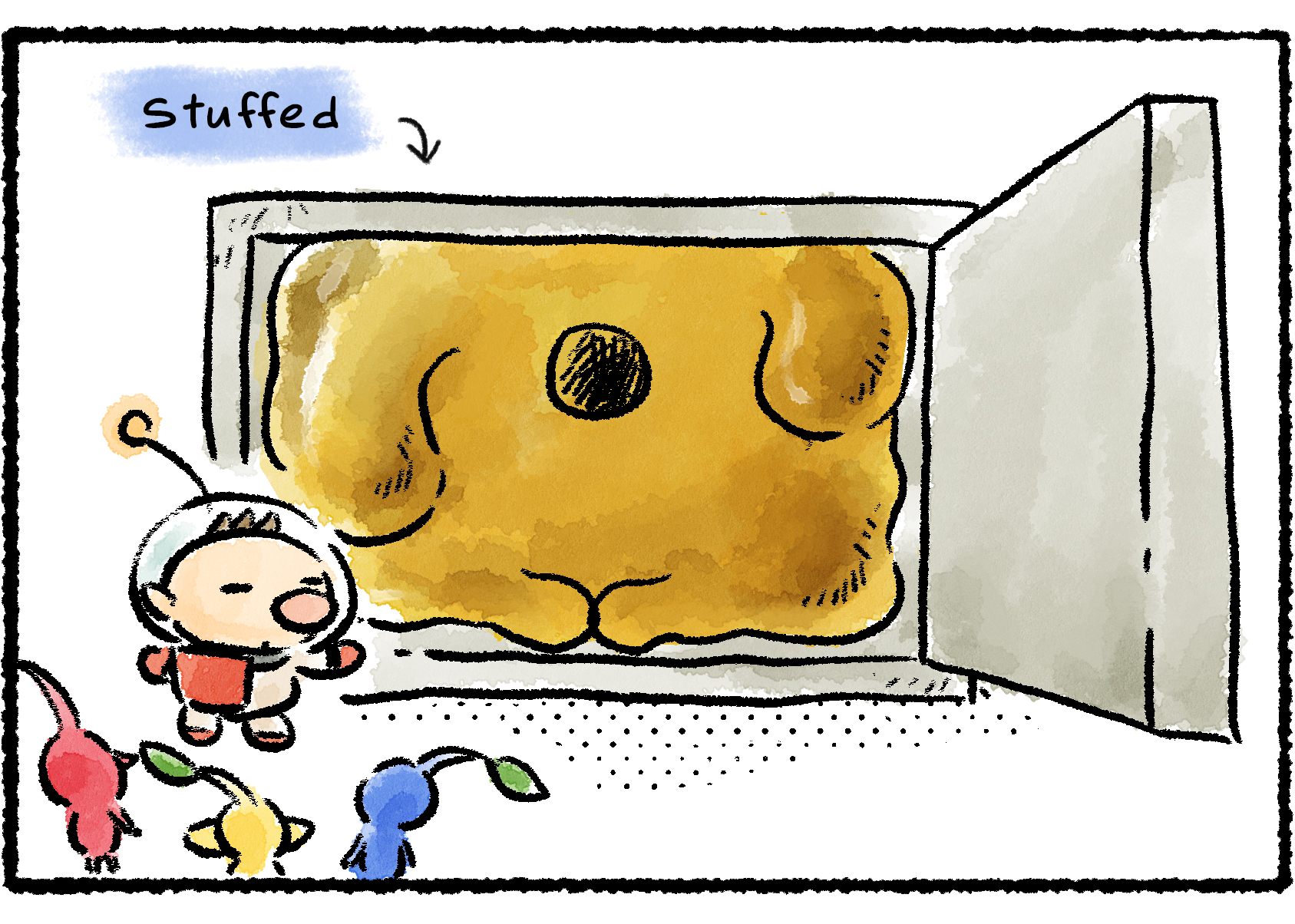 Panel three. Olimar unlocks the door to his bunker with a red, yellow, and blue Pikmin. When he opens it, however, he finds that the bunker is stuffed, floor to ceiling, with the amorphous body of a Plasm Wraith.