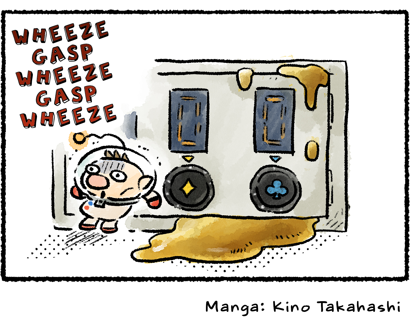 Panel four. Gasping in horror, Olmar slams the bunker door closed and leans back against it to hold it closed. Part of the Plasm Wraith's body oozes through the gaps around the bunker door.