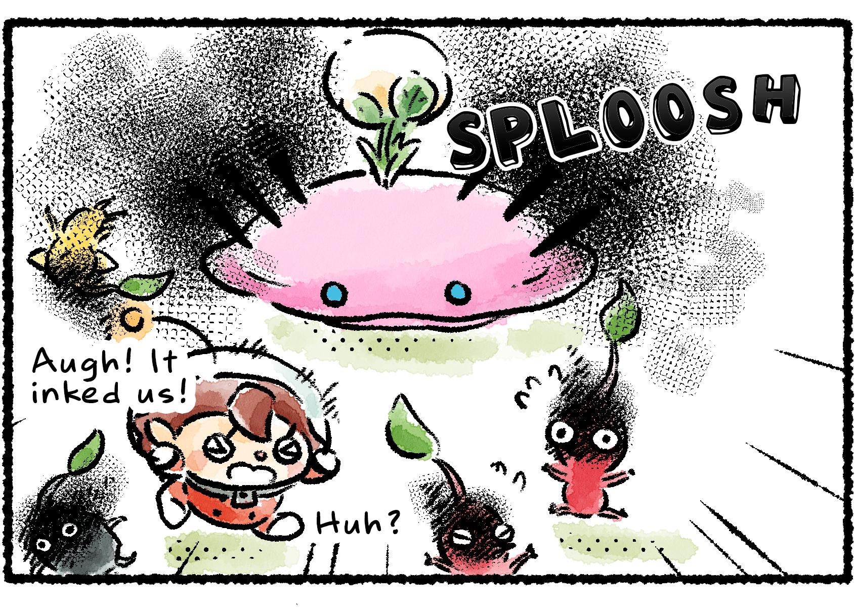 Panel one. A Toady Bloyster sprays ink at a Rescue Officer and several Pikmin. "Augh!" the Rescue Officer says. "It inked us!" Then, she notices something off panel: "Huh?"