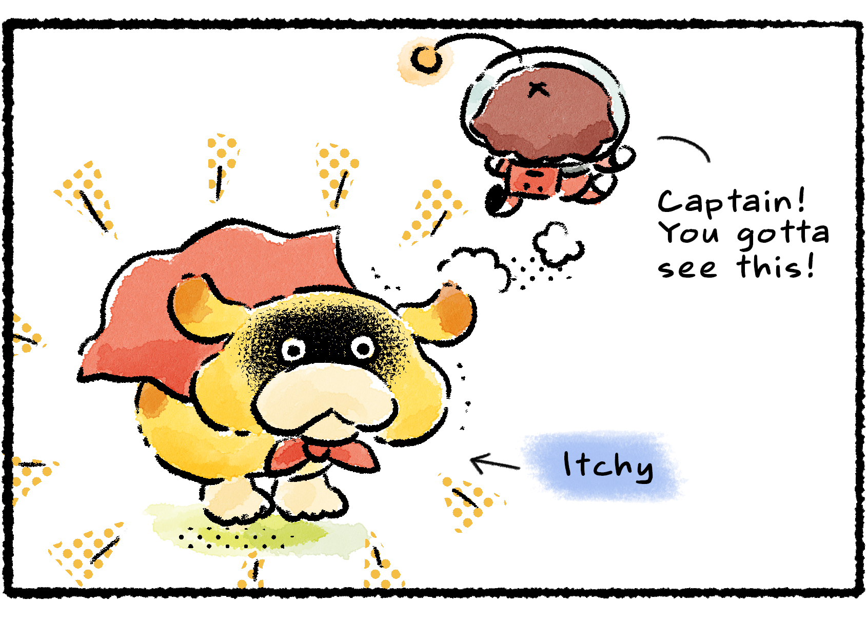 Panel three. The Rescue Officer ties a cape around Oatchi's neck. "Captain!" she says, running off to find Shepherd. "You gotta see this!" Oatchi holds a heroic pose, but the ink on his face is getting itchy.