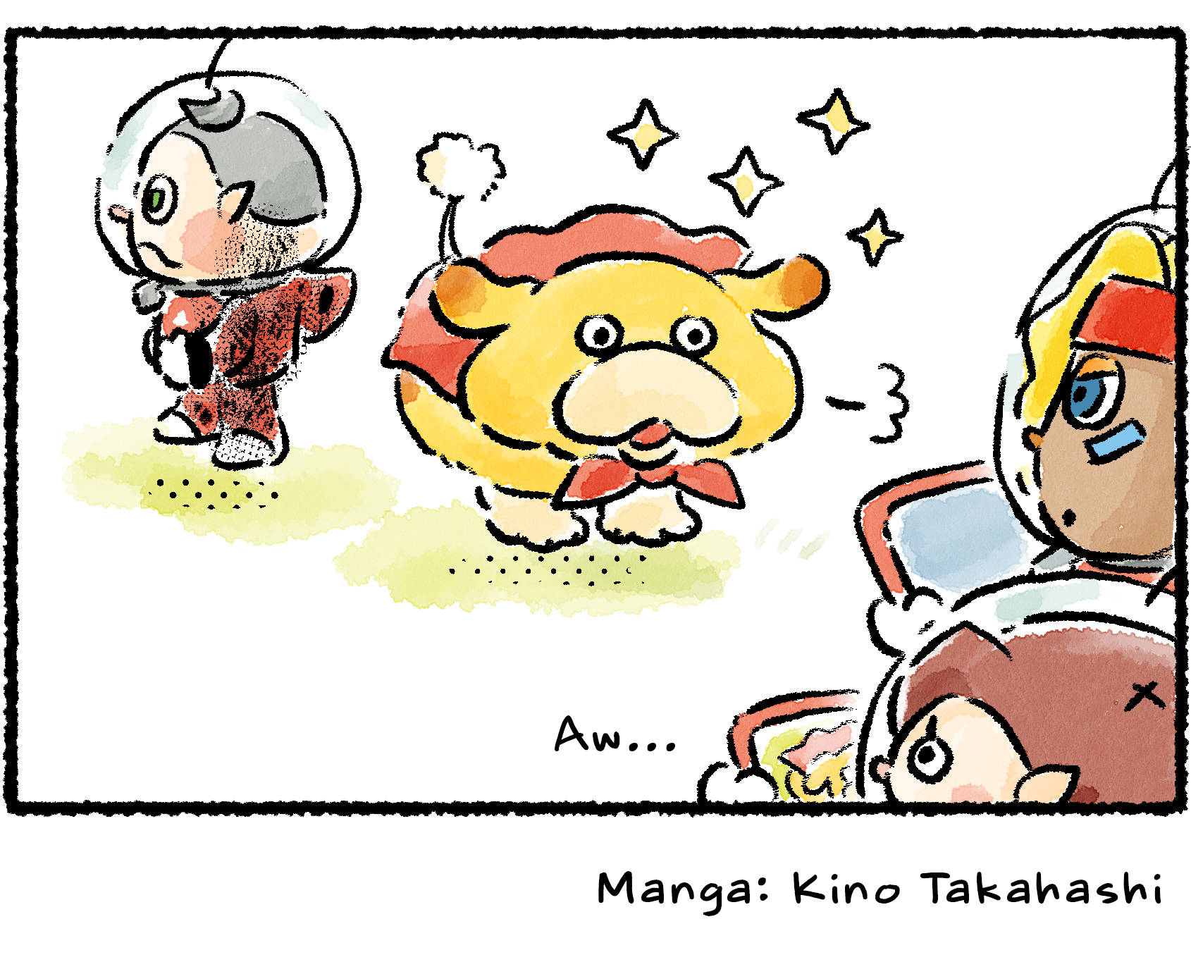 Panel four. The Rescue Officer and Shepherd arrive to take photos with their tablets, but Oatchi is now clean. "Aw…" they say, disappointed. Collin has ink residue on his suit—Oatchi must have rubbed off on him.