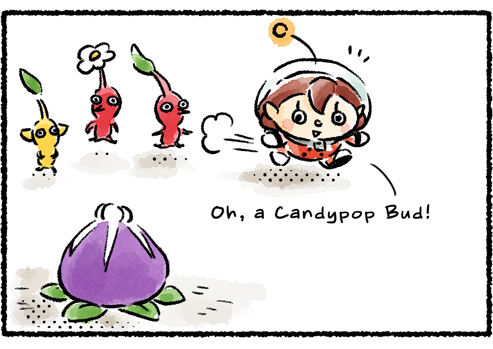 Panel one. A Rescue Officer approaches a purple Candypop Bud with a few Pikmin in tow. "Oh," she says, "a Candypop Bud!"