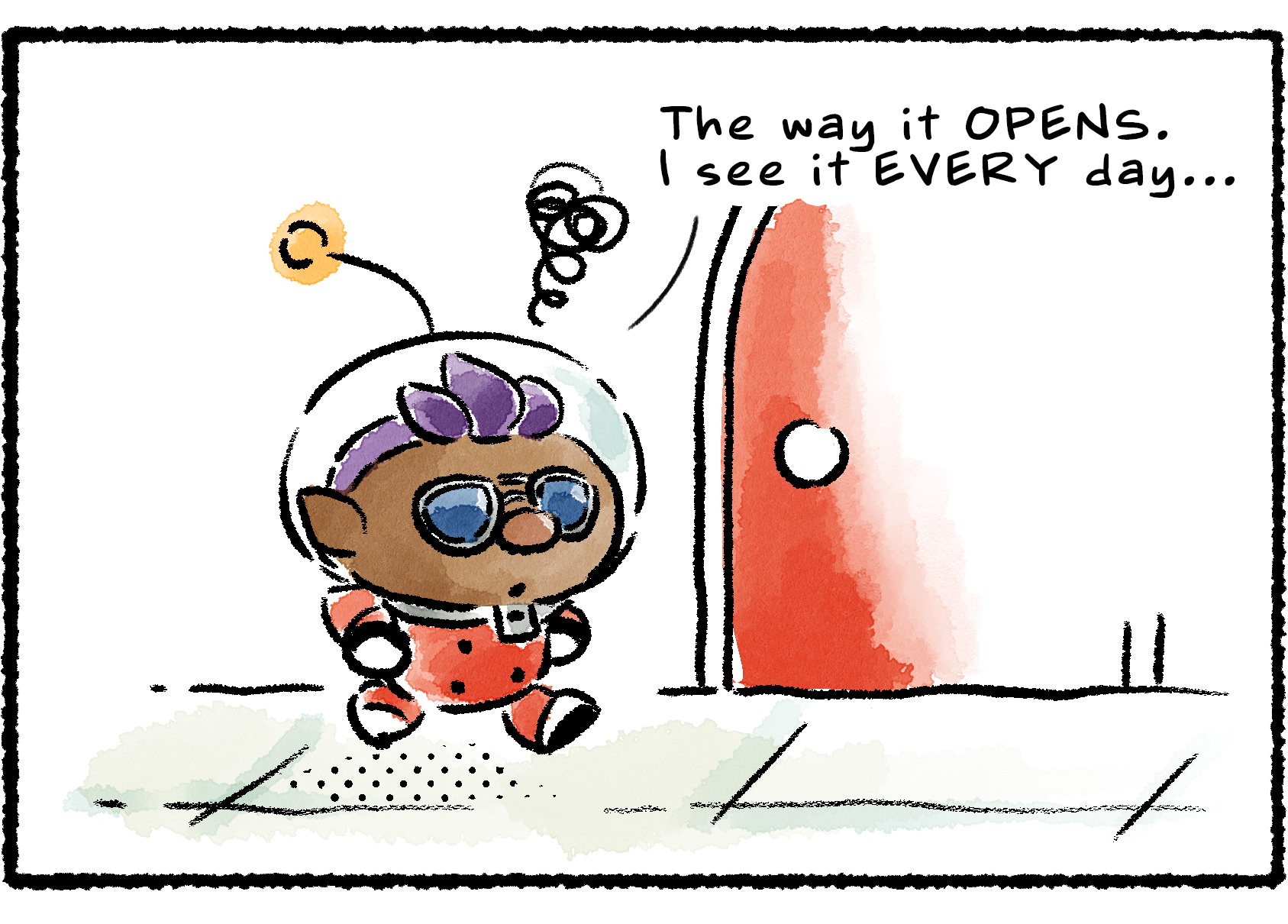 Panel three. Bernard continues to think as he walks down a hallway toward a door. "The way it OPENS," he says. "I see it EVERY day…"