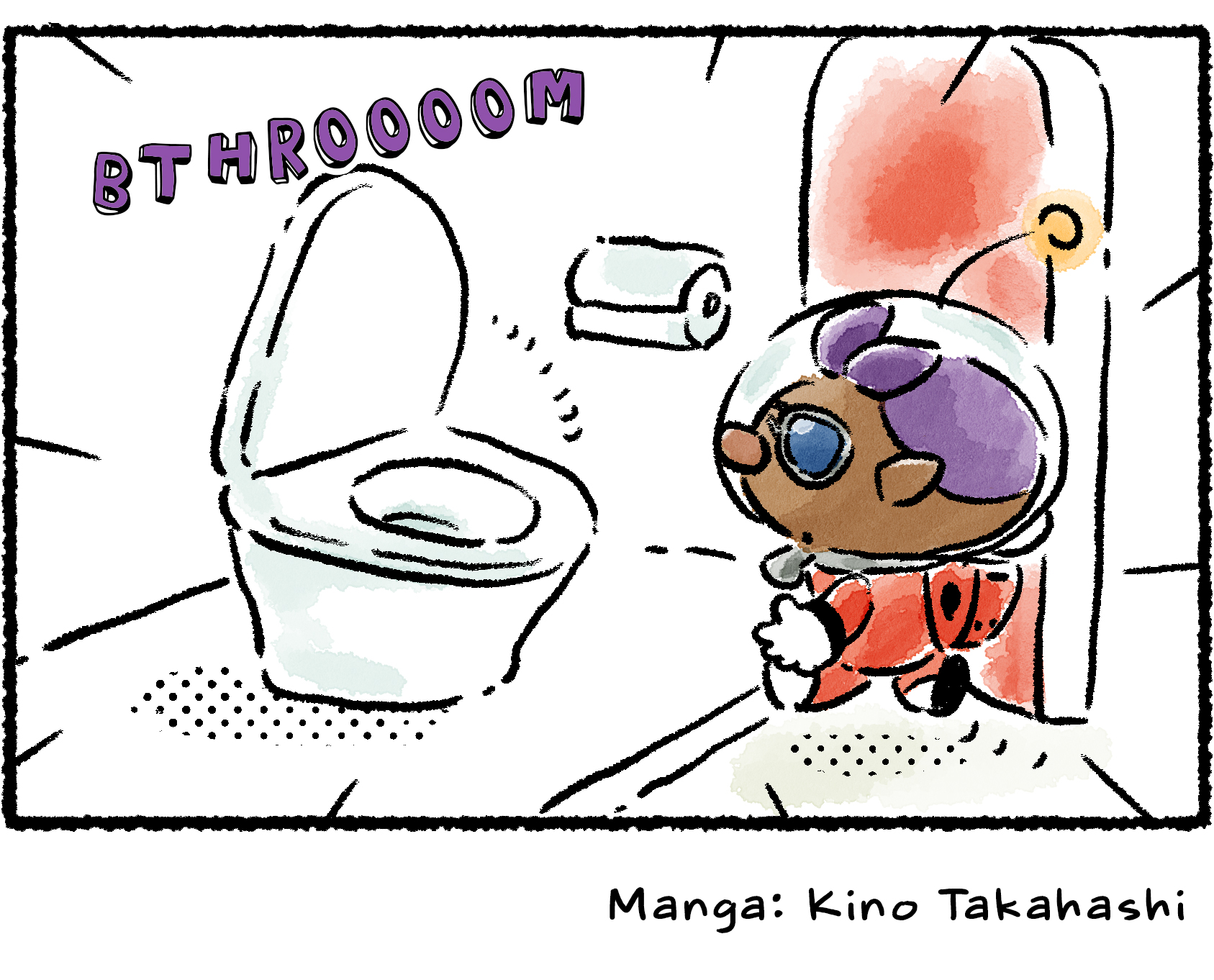 Panel four. Bernard opens the door, revealing a bathroom on the other side. The toilet lid pops up with a "bthroooom" sound effect.