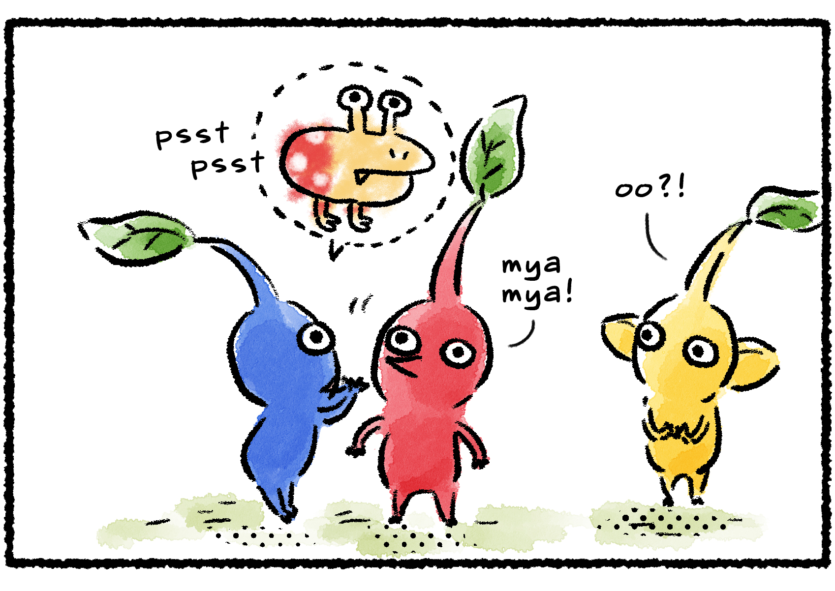 Panel one. A group of Pikmin stand in a line to play a game of telephone. The Blue Pikmin whispers to the Red Pikmin, and a speech bubble between them shows a Bulborb.