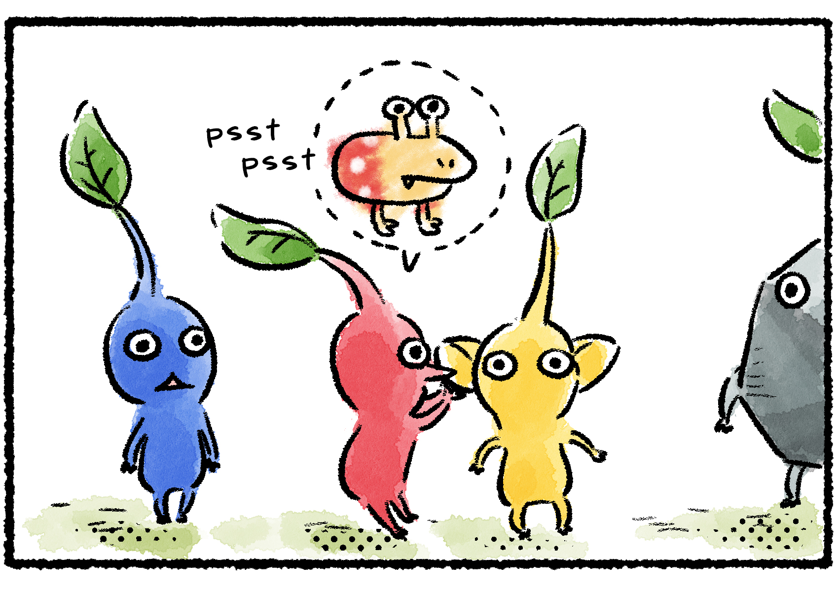 Panel two. The Red Pikmin whispers to the Yellow Pikmin, and the speech bubble between them also shows a Bulborb.