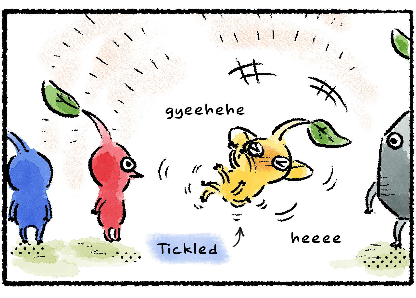 Panel three. The Yellow Pikmin jolts back with a giggle as it's apparently tickled by the Red Pikmin whispering in its ear.
