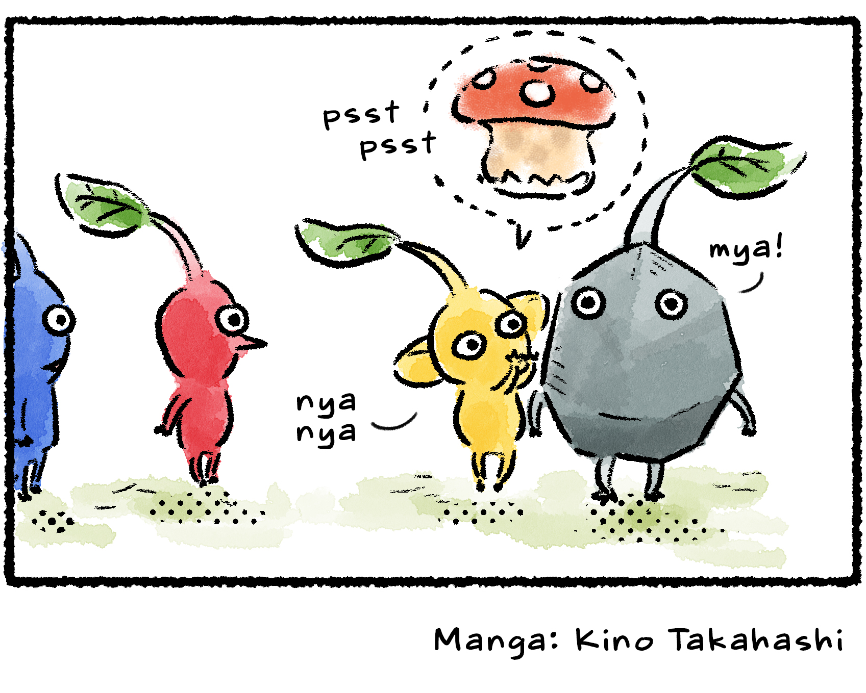 Panel four. The Yellow Pikmin whispers to the Rock Pikmin, and the speech bubble between them shows a spotted mushroom.