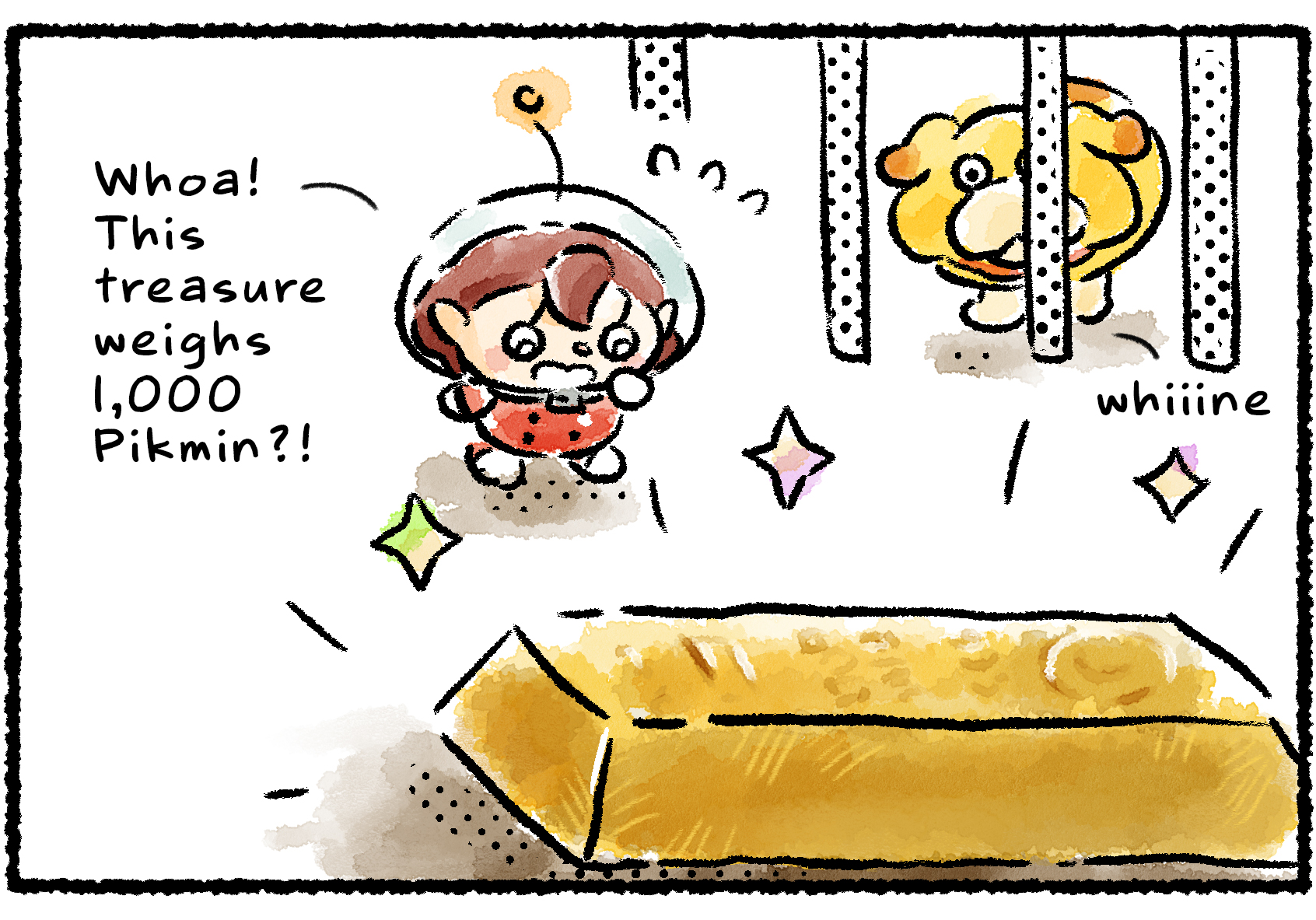 Panel one. A Rescue Officer comes upon a gold bar. "Whoa!" she says. "This treasure weighs 1,000 Pikmin?!" Oatchi whines from behind a set of bars, unable to help.