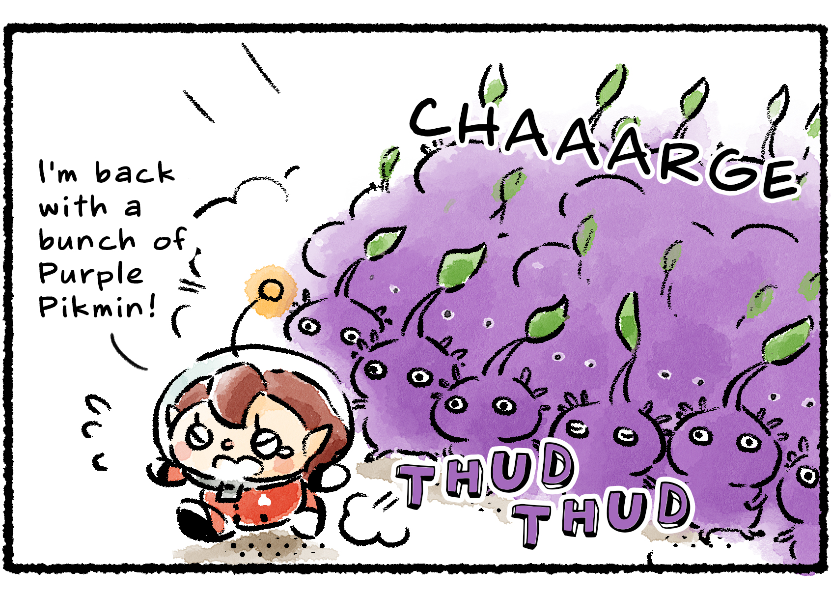 Panel two. The Rescue Officer returns with a horde of Purple Pikmin in tow. "I'm back with a bunch of Purple Pikmin!" she says, shouting over the thudding of their footsteps.