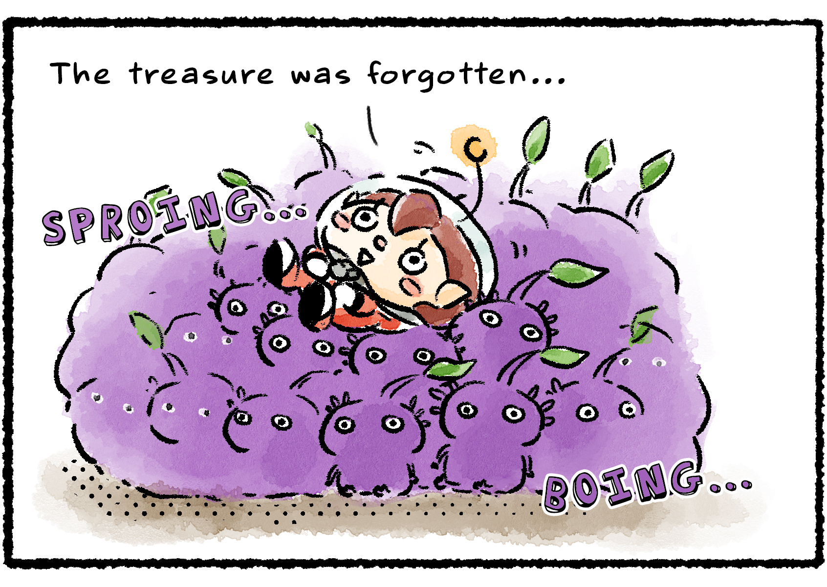 Panel three. The Rescue Officer lies on her back across the crowd of Purple Pikmin holding her up. "The treasure was forgotten…" she says, relaxing.