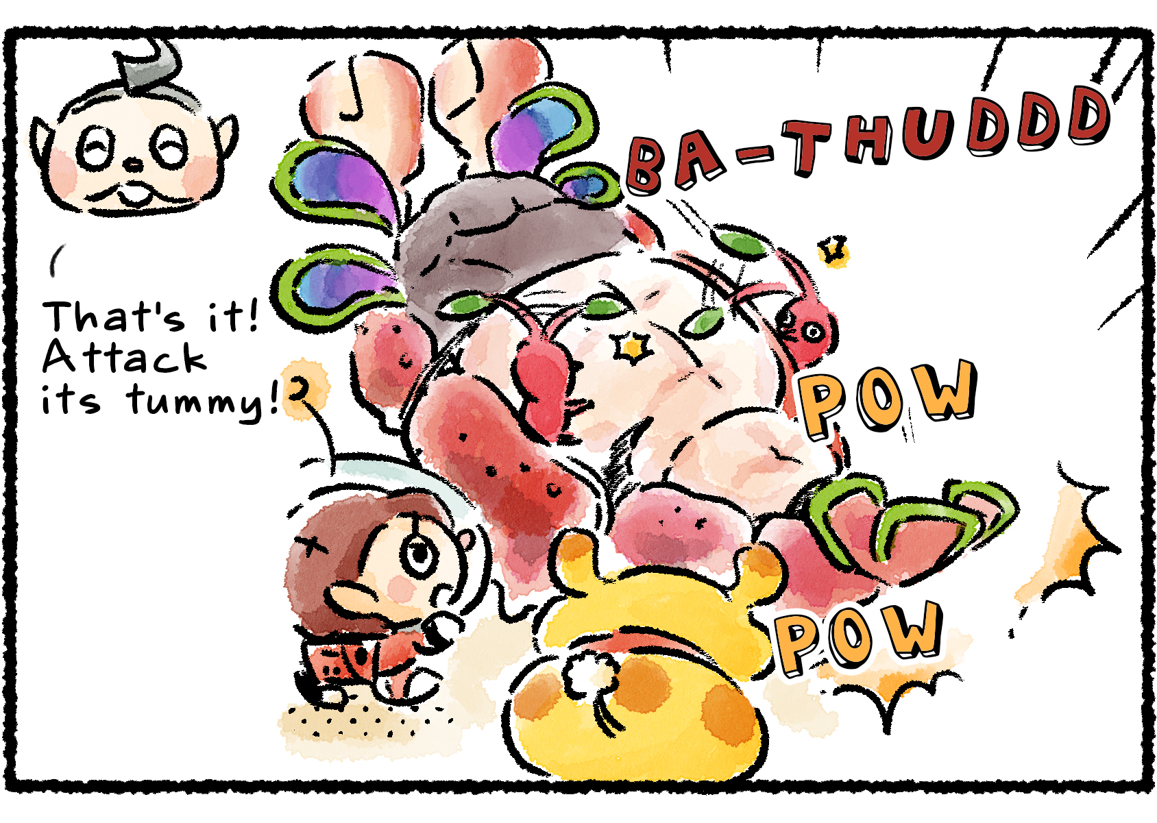 Panel one. Oatchi, a Rescue Officer, and Pikmin topple a Bug-Eyed Crawmad to the ground with a heavy thud, exposing its soft underbelly. "That's it!" Collin says. "Attack its tummy!"