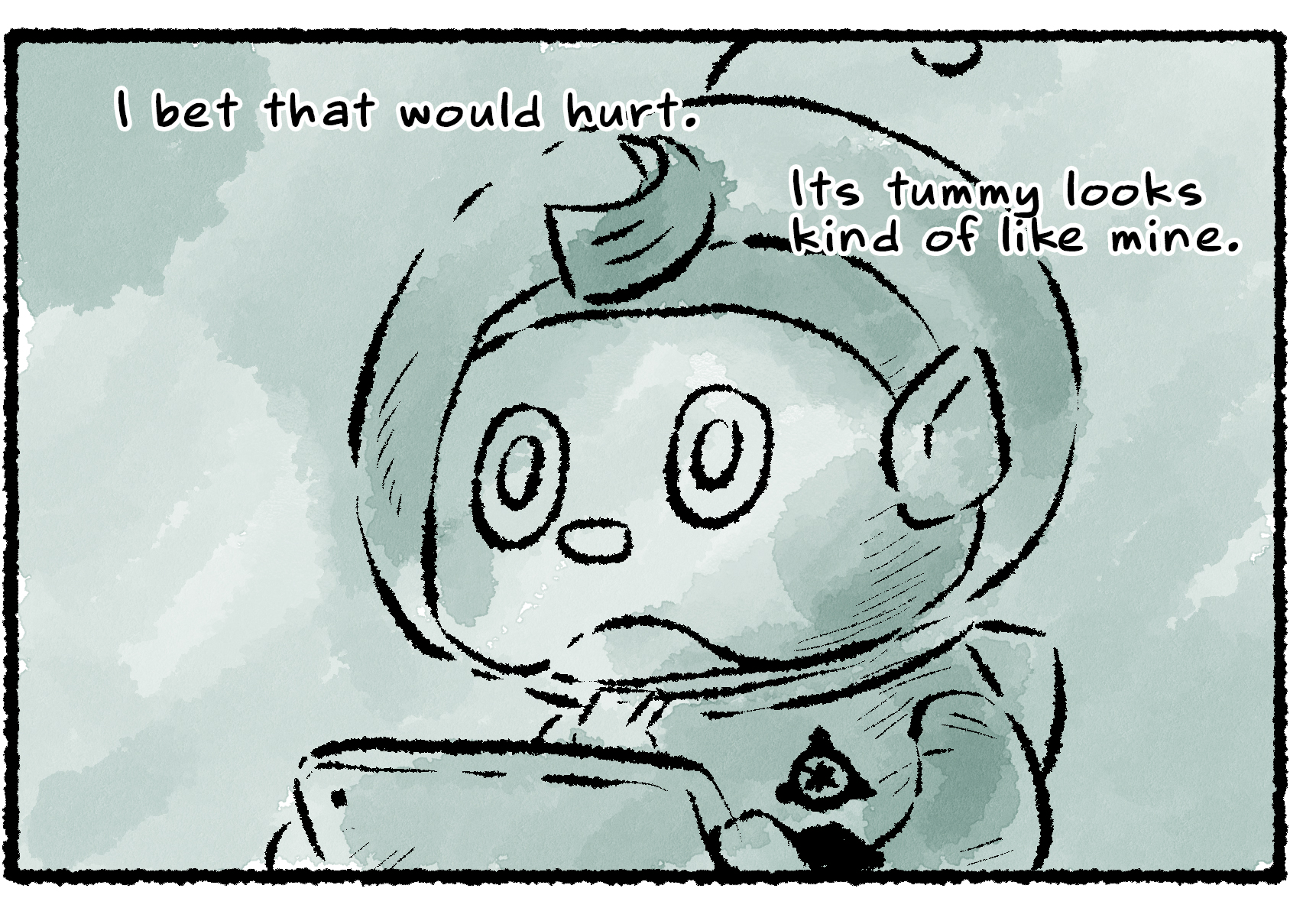 Panel two. Collin, now rendered in black and white, stares off into space with a wide-eyed look. "Its tummy looks kind of like mine," he thinks to himself. "I bet that would hurt." 