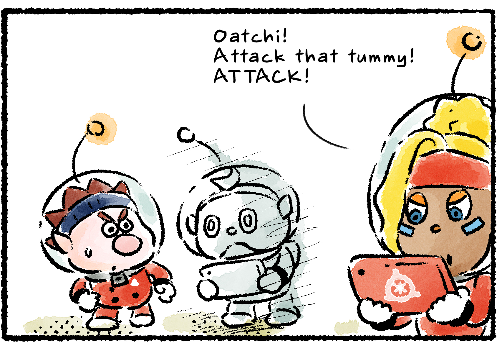 Panel three. Collin, still looking horrified, stands between Shepherd and Dingo. Shepherd keeps giving orders through her tablet: "Oatchi! Attack that tummy! ATTACK!" Dingo looks at Collin and starts to seem a little uneasy.