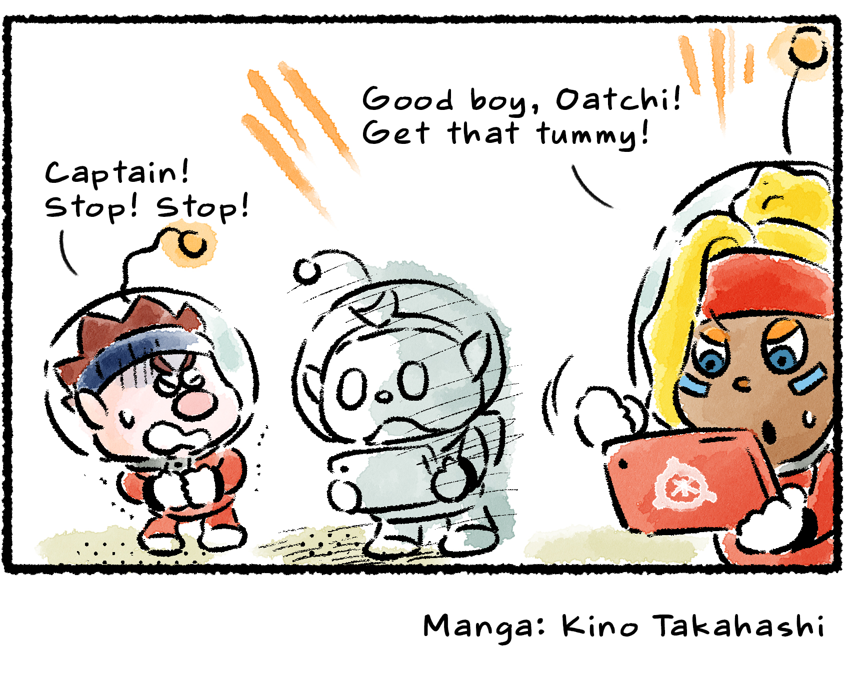 Panel four. "Good boy, Oatchi!" Shepherd says. "Get that tummy!" Collin remains frozen in horror. Dingo clutches his own belly and cries out, "Captain! Stop! Stop!"