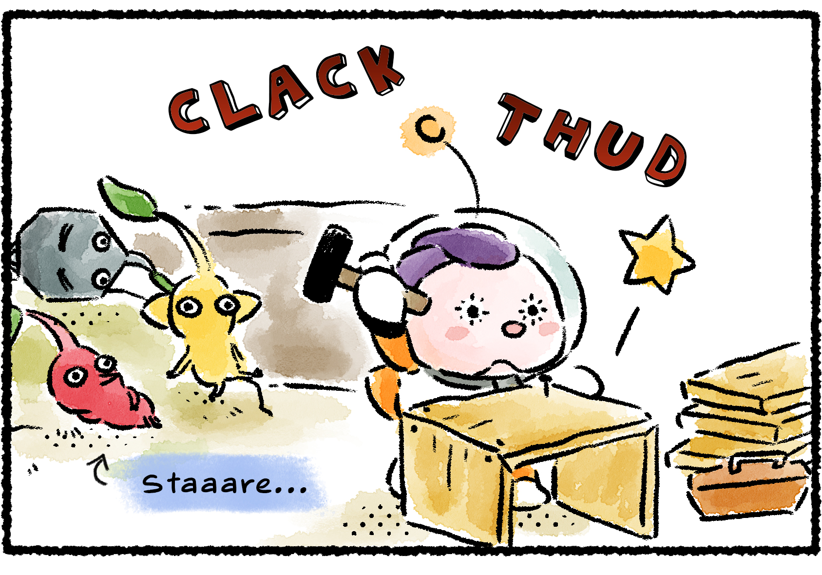 Panel one. A group of Pikmin watches Corgwin hammering wooden planks together.