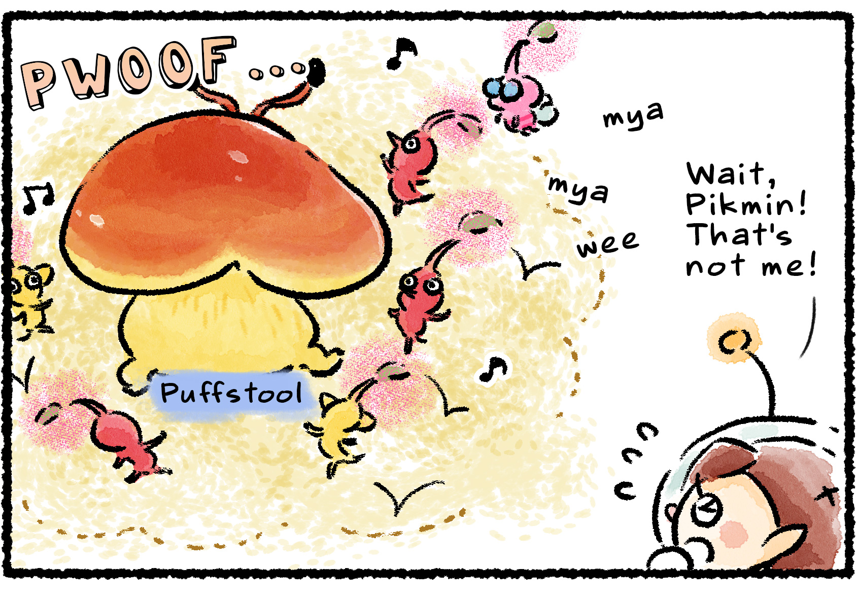 Panel one. Several Pikmin are singing and dancing around a Puffstool. "Wait, Pikmin!" a Rescue Officer says. "That's not me!"