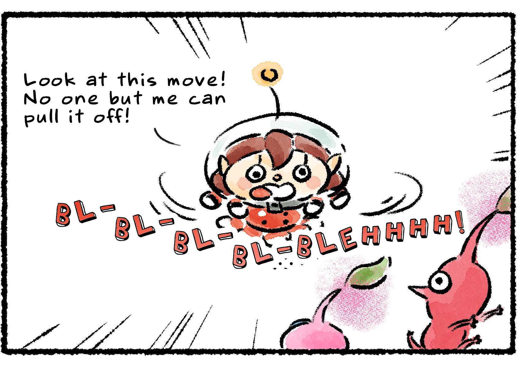 Panel two. The Rescue Officer starts spinning around with her tongue hanging out. "Look at this move! No one but me can pull it off!" she says. "Bl-bl-bl-bl-BLEHHHH!"