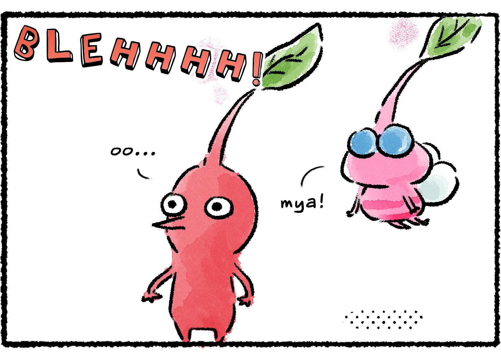 Panel three. A Red Pikmin and a Winged Pikmin stare blankly as the Rescue Officer continues her weird dance move. "BLEHHHH!"
