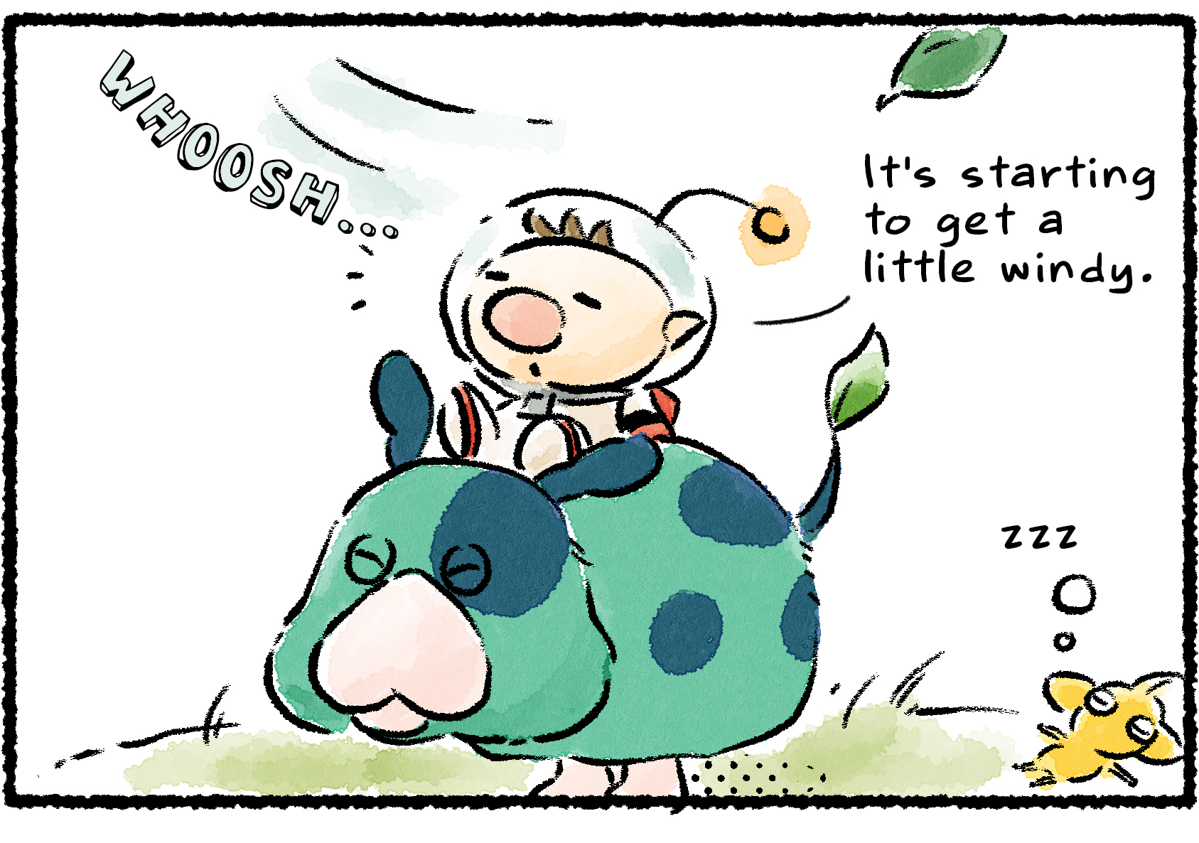 Panel one. Olimar rides on Moss's back while appreciating the gentle spring breeze. "It's starting to get a little windy," Olimar says. Behind them, a Yellow Pikmin is snoozing on the ground.