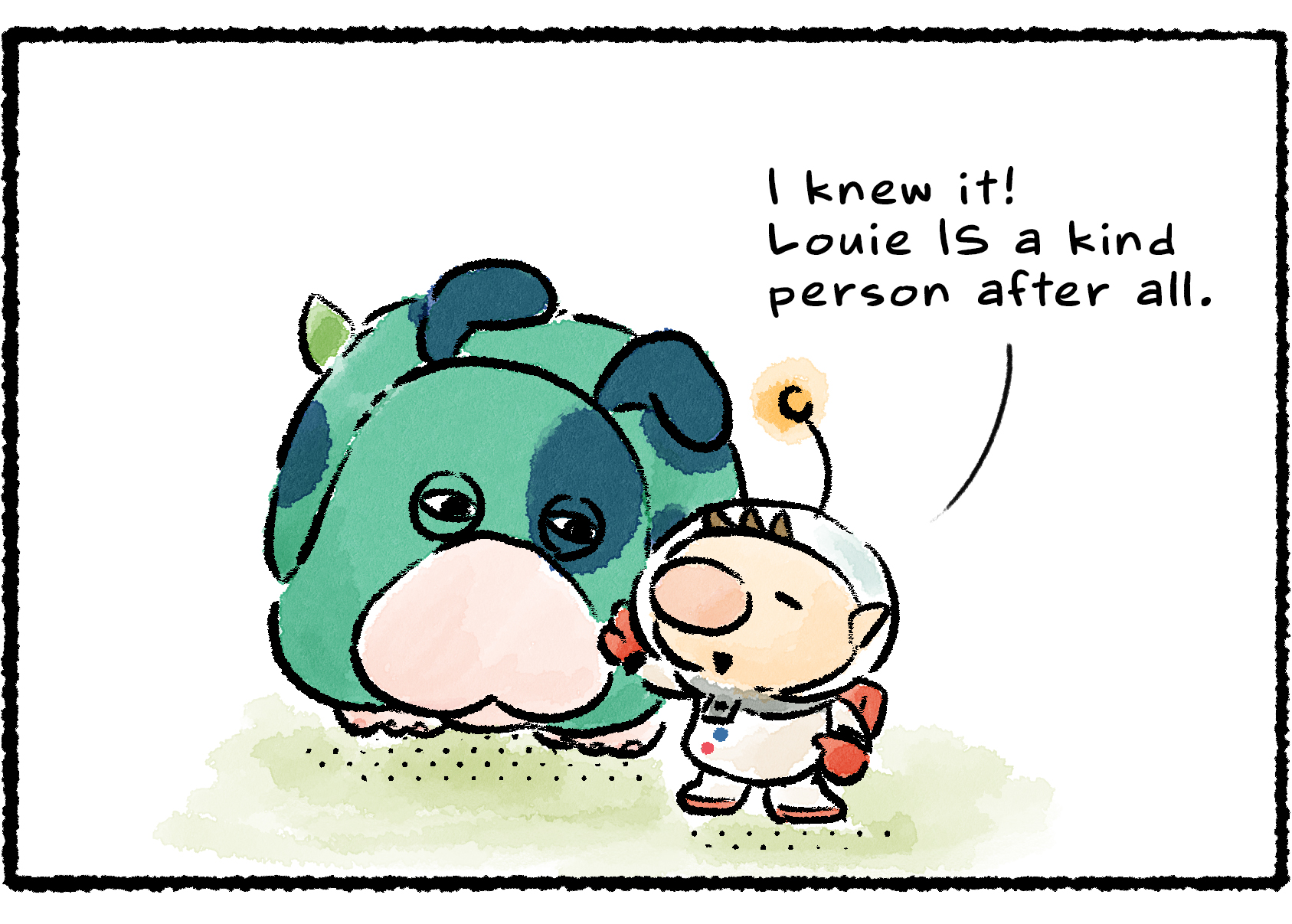 Panel three. "I knew it!" Olimar says to Moss. "Louie IS a kind person after all. He's covering the napping Pikmin with leaves so they don't get cold!"