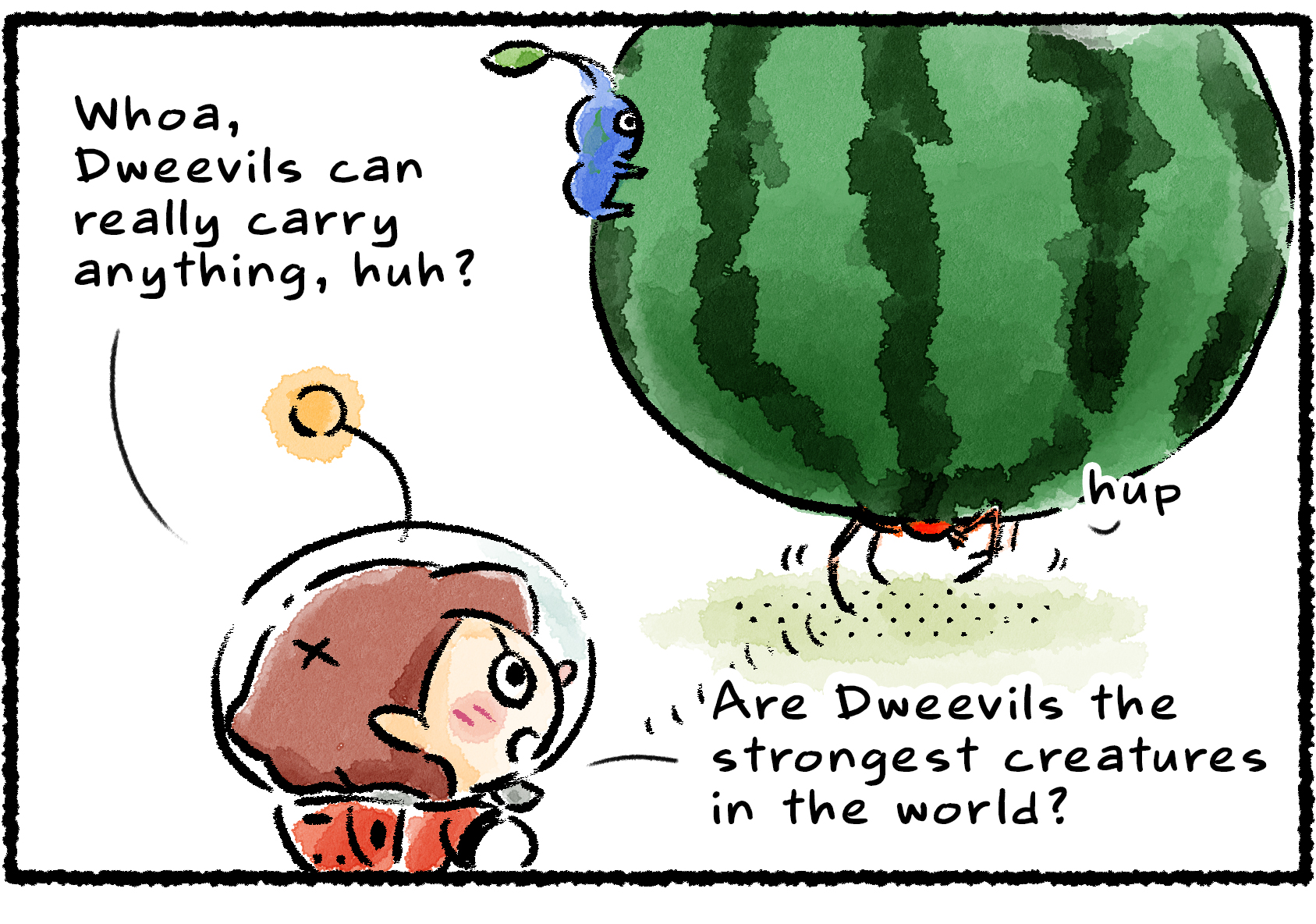Panel one. A Dweevil scurries away carrying a huge melon on its back. "Whoa," a Rescue Officer says, "Dweevils can really carry anything, huh?"