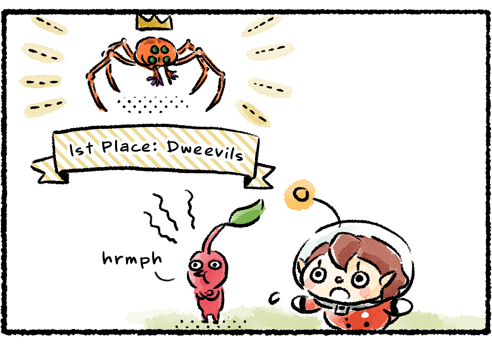 Panel two. "Are Dweevils the strongest creature in the world?" the Rescue Officer wonders. Underneath a rendition of a Dweevil with a crown atop its head, a banner reads: "1st Place: Dweevils". A Red Pikmin is quietly jealous. 