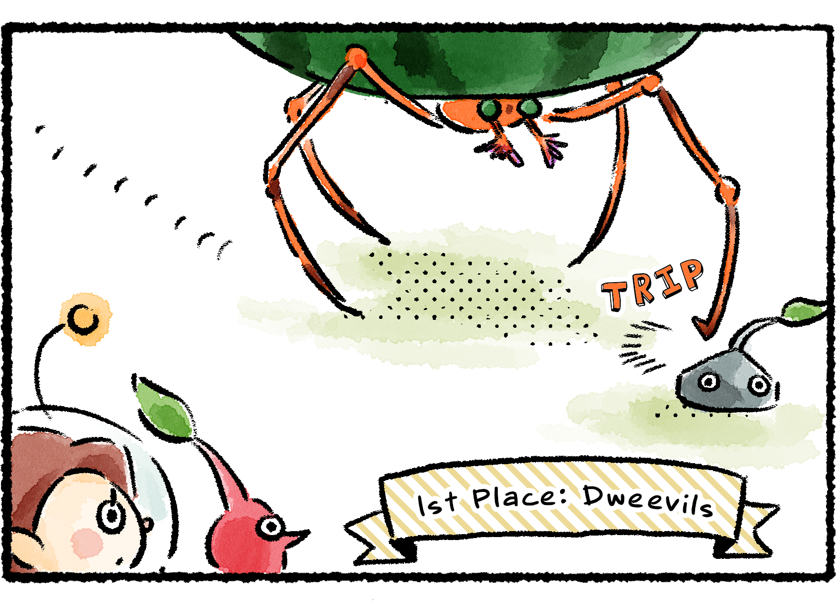 Panel three. As the Dweevil carrying the melon walks by, with the banner undeneath it declaring it 1st place, it trips over a Rock Pikmin sticking out of the ground.