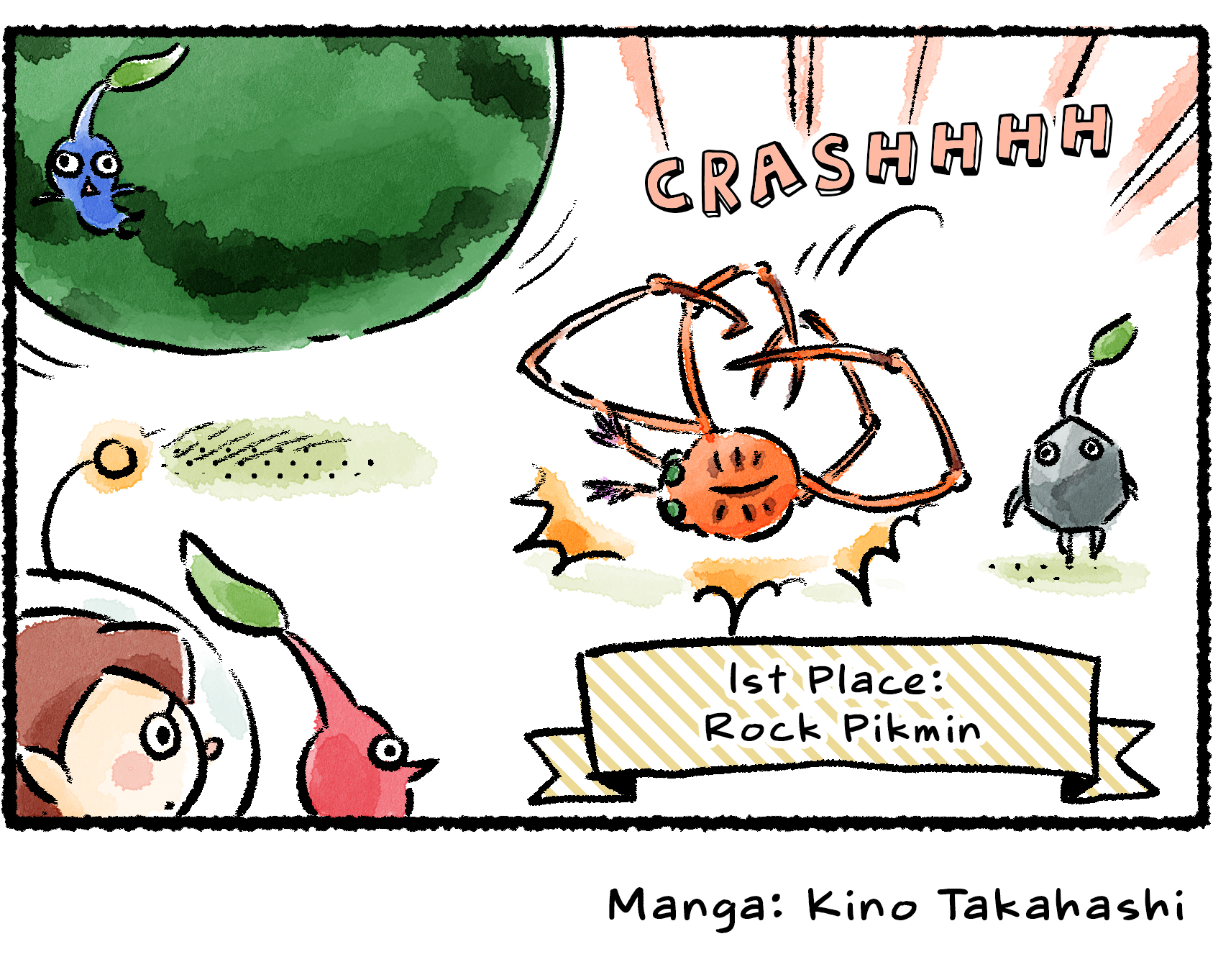 Panel four. The Dweevil comes crashing to the ground, and the melon rolls away. The Rock Pikmin stands over a banner that now reads: "1st Place: Rock Pikmin".