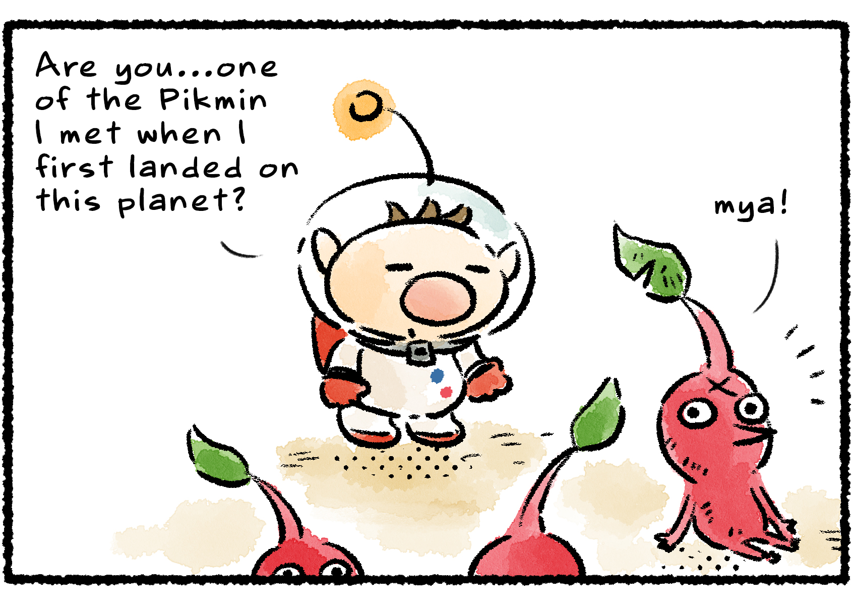 Panel one. Olimar approaches a Red Pikmin with an X-like mark on its forehead. "Are you…one of the Pikmin I met when I first landed on this planet?" he says. The veteran Pikmin responds with an affirmative "mya!"